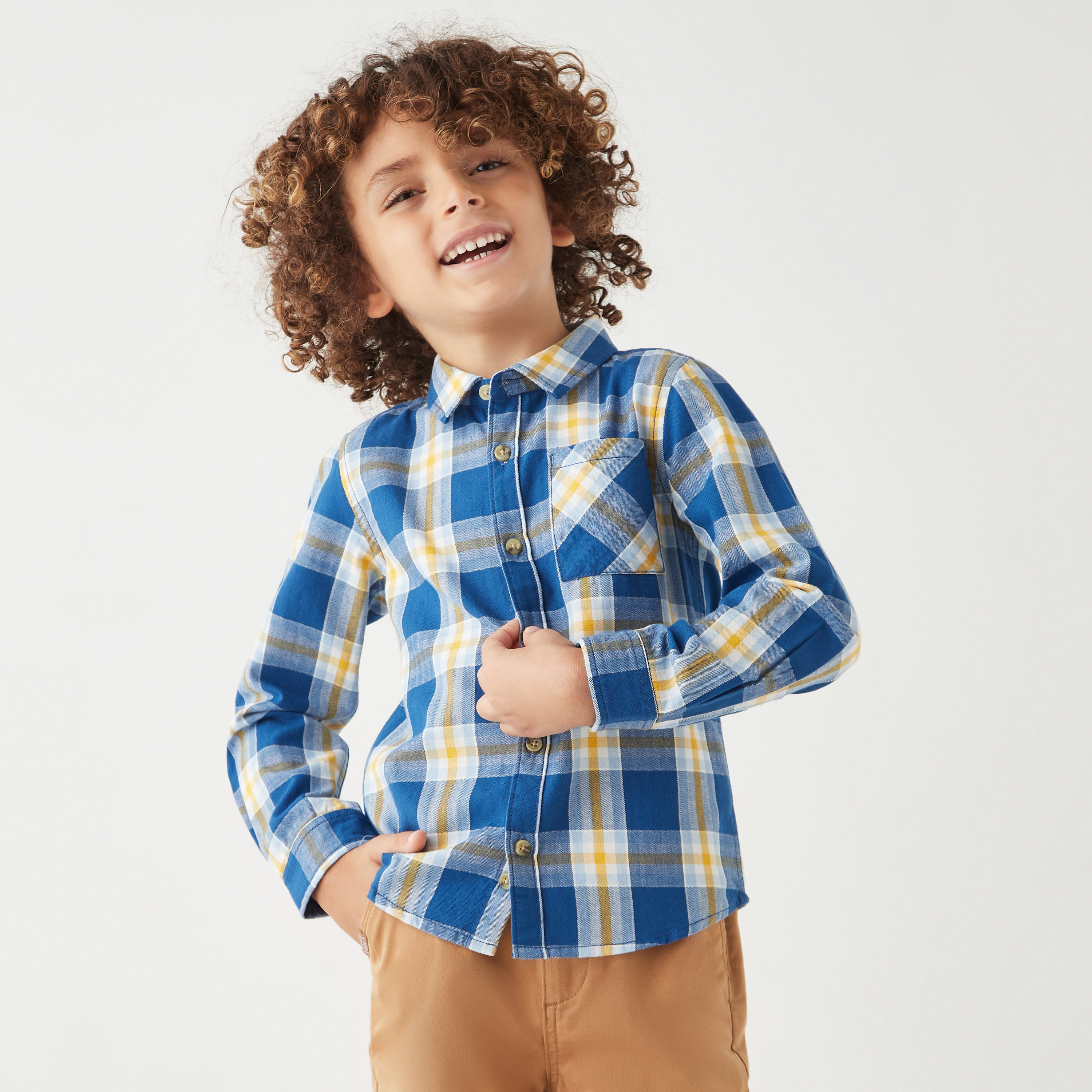 Shop Juniors Checked Long Sleeves Shirt with Chest Pocket and Button Closure Online Babyshop Kuwait