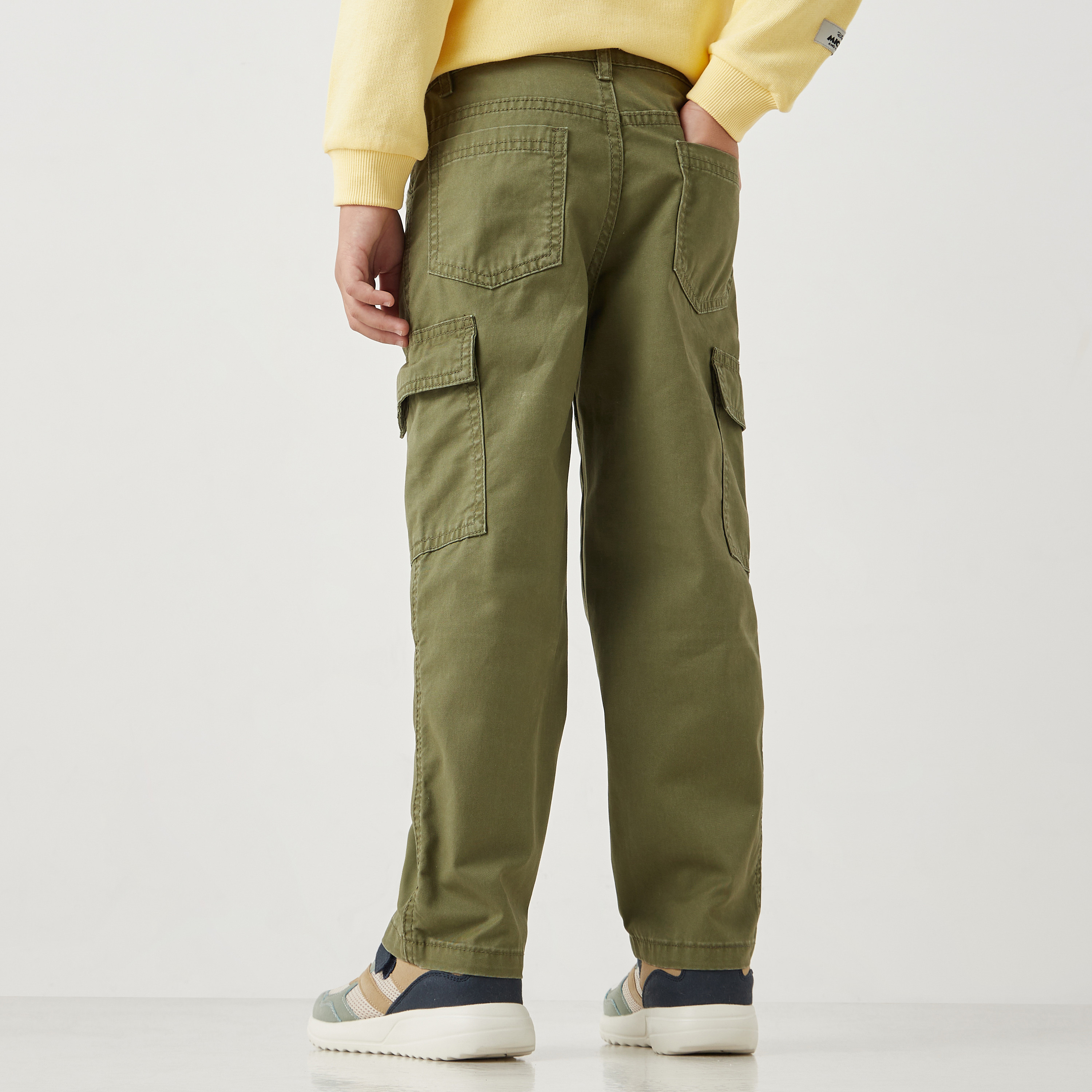 Juniors Solid Cargo Pants with Button Closure and Pockets