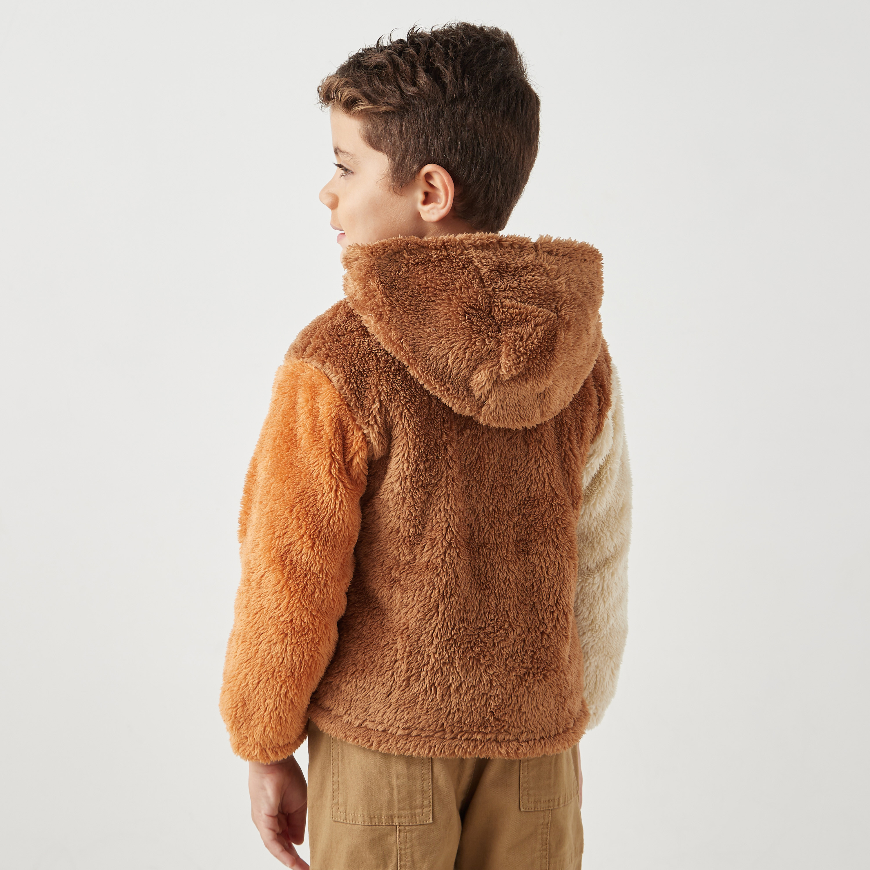 Buy Juniors Colourblock Faux Fur Jacket with Hood and Long Sleeves Online Babyshop Kuwait