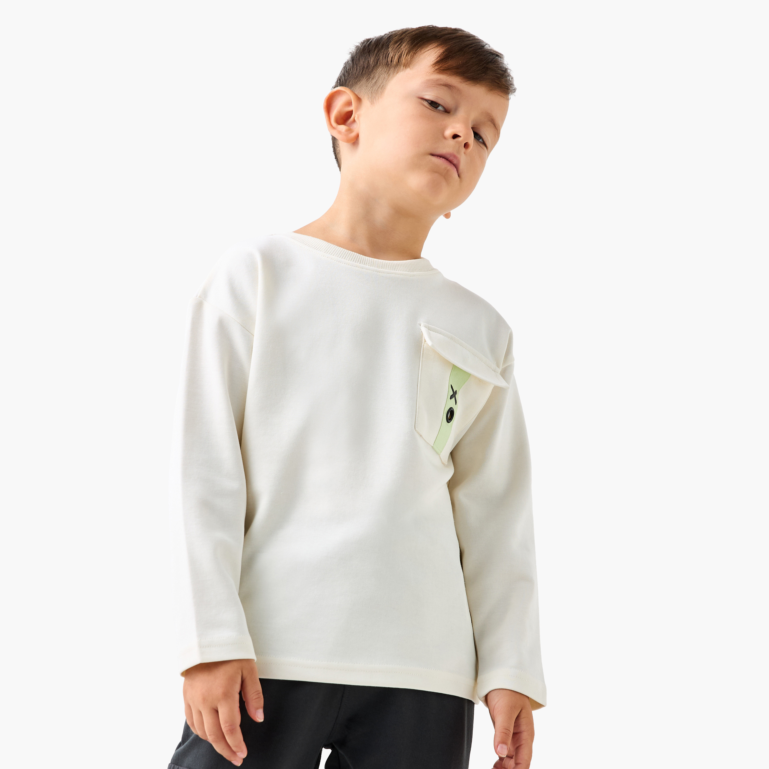 XYZ Solid Crew Neck T-shirt with Long Sleeves-boys-clothing-sportswear-tops-image-1