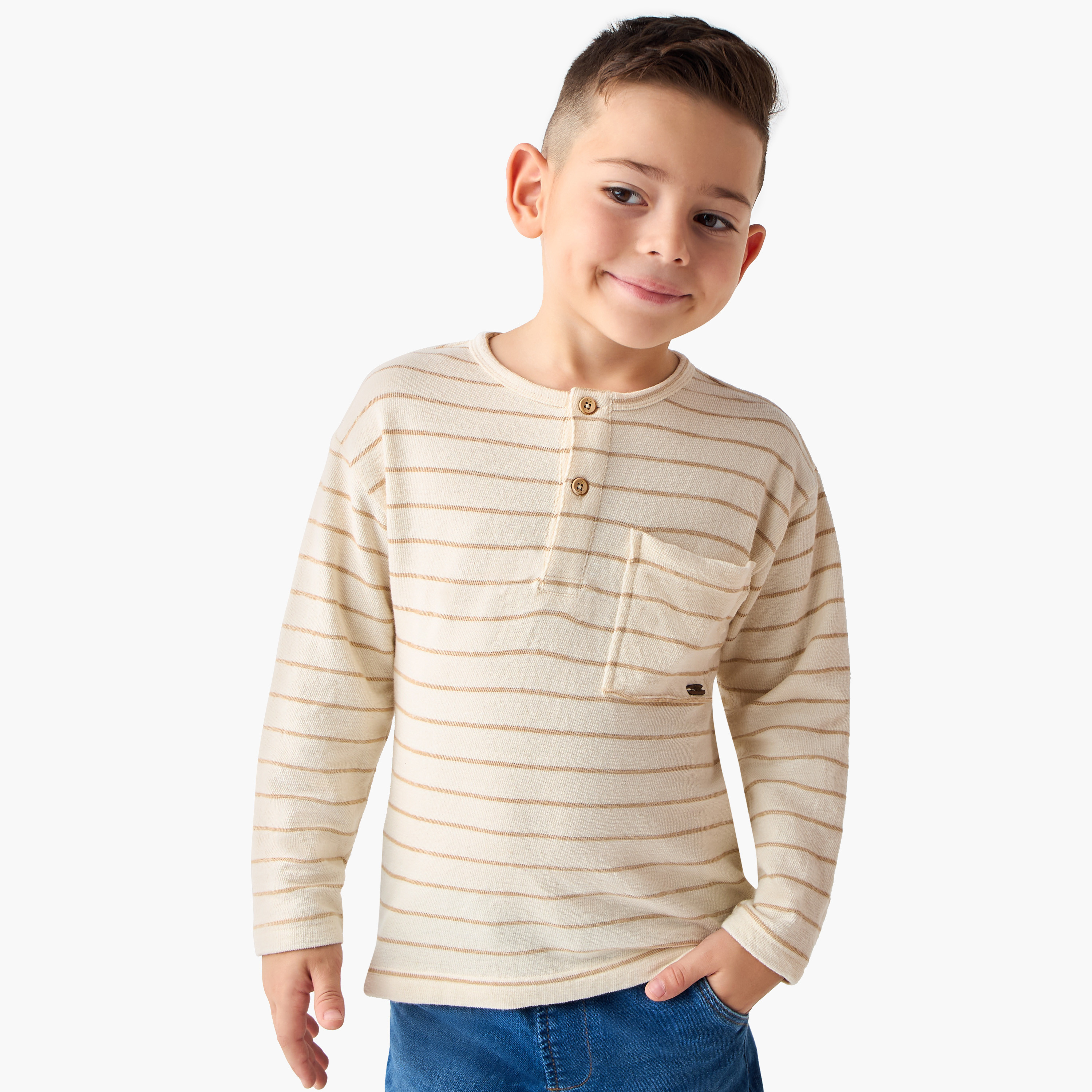 Eligo Striped Henley Neck T-shirt with Long Sleeves-boys-clothing-tshirtsandpolos-image-1