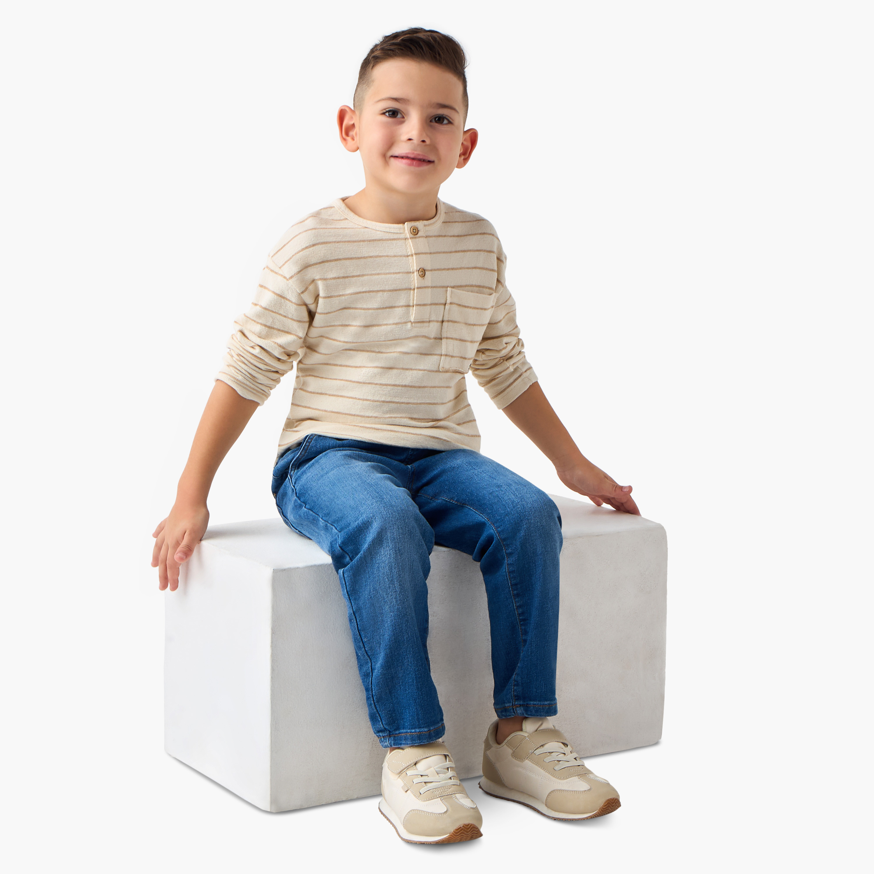 Eligo Striped Henley Neck T-shirt with Long Sleeves-boys-clothing-tshirtsandpolos-image-2