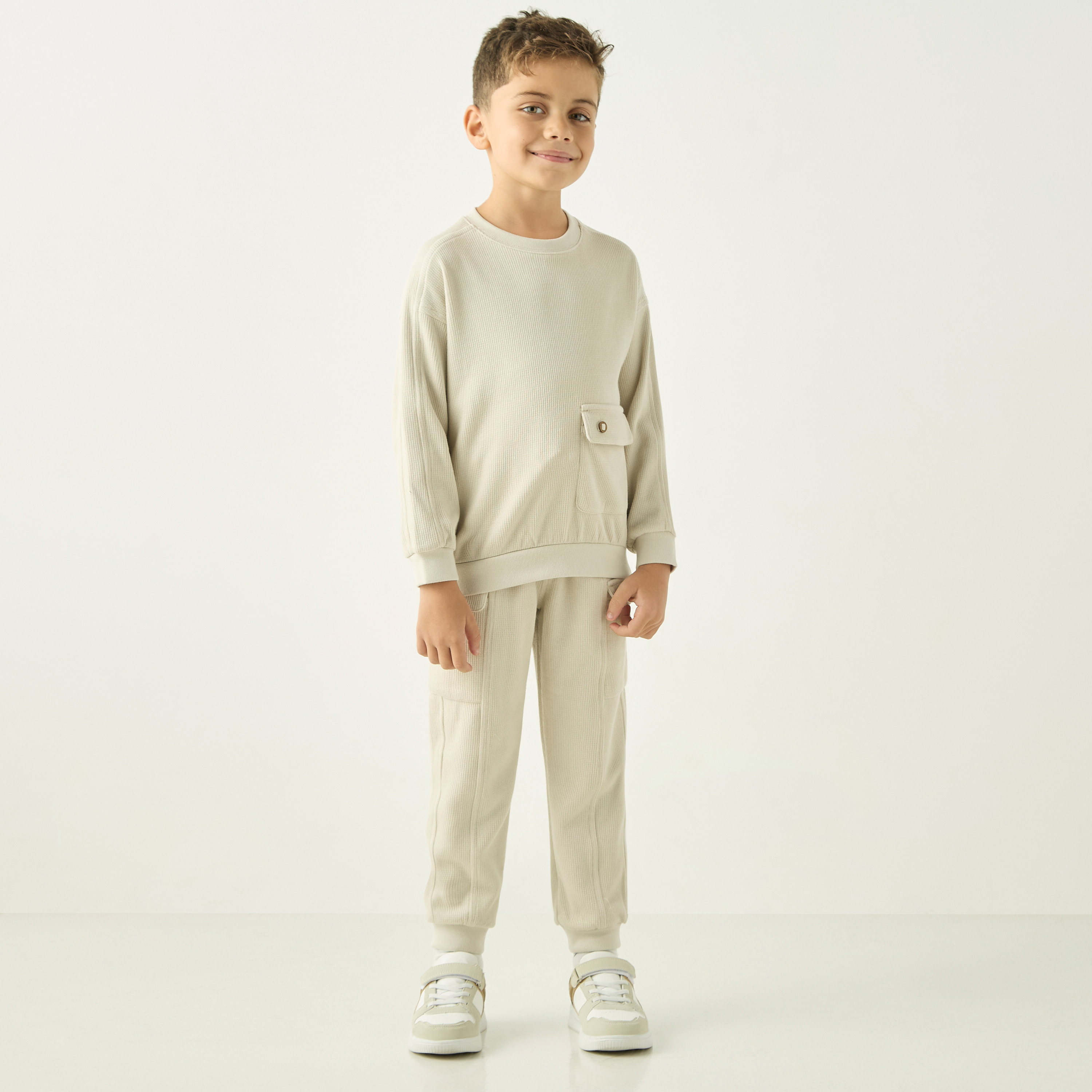 Eligo Waffle Textured Long Sleeve Sweatshirt and Joggers Set-baby-boys-clothing-winterwear-setsandcoords-image-1