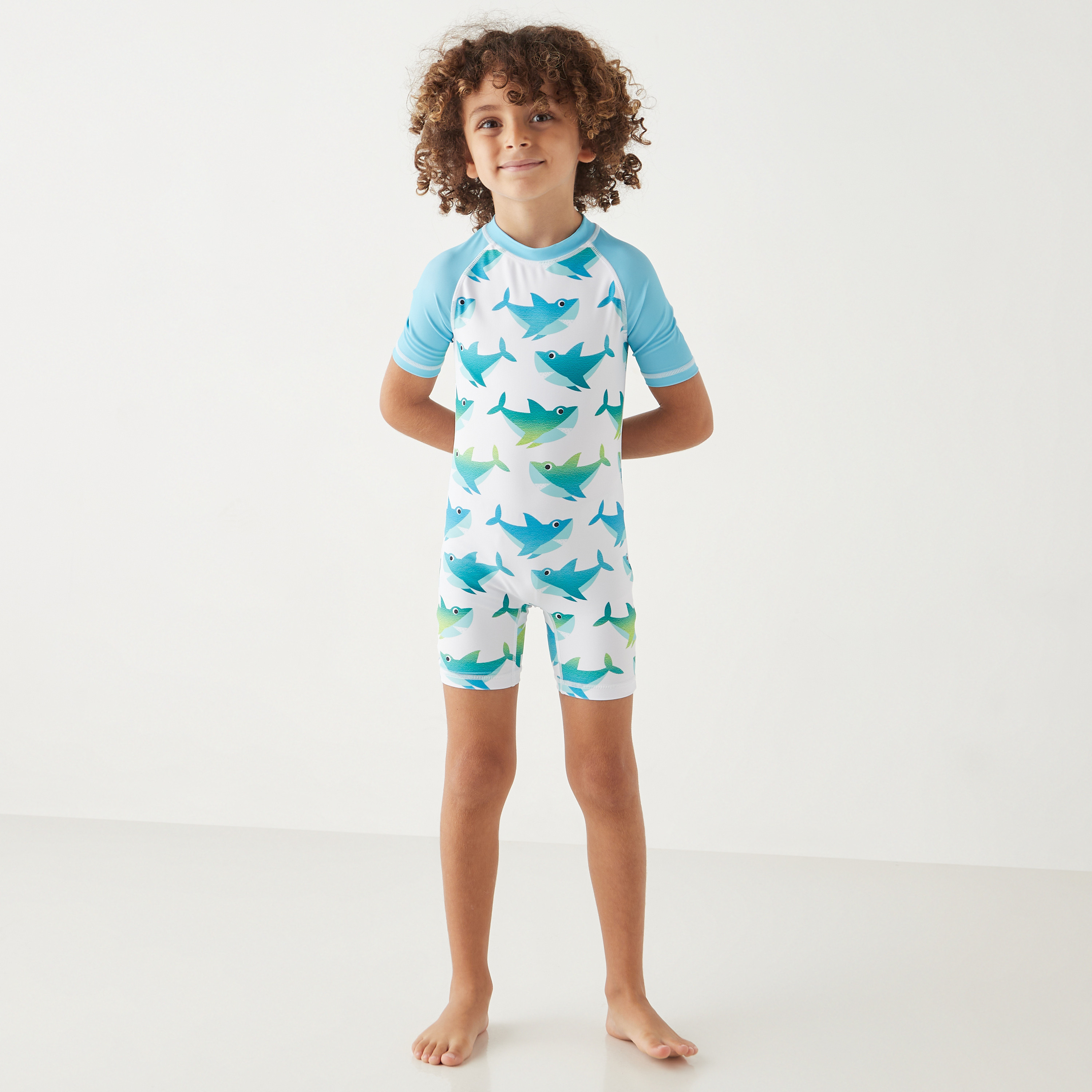 Juniors Shark Print Swimsuit with Short Sleeves-sports-boys-clothing-swimwear-image-2