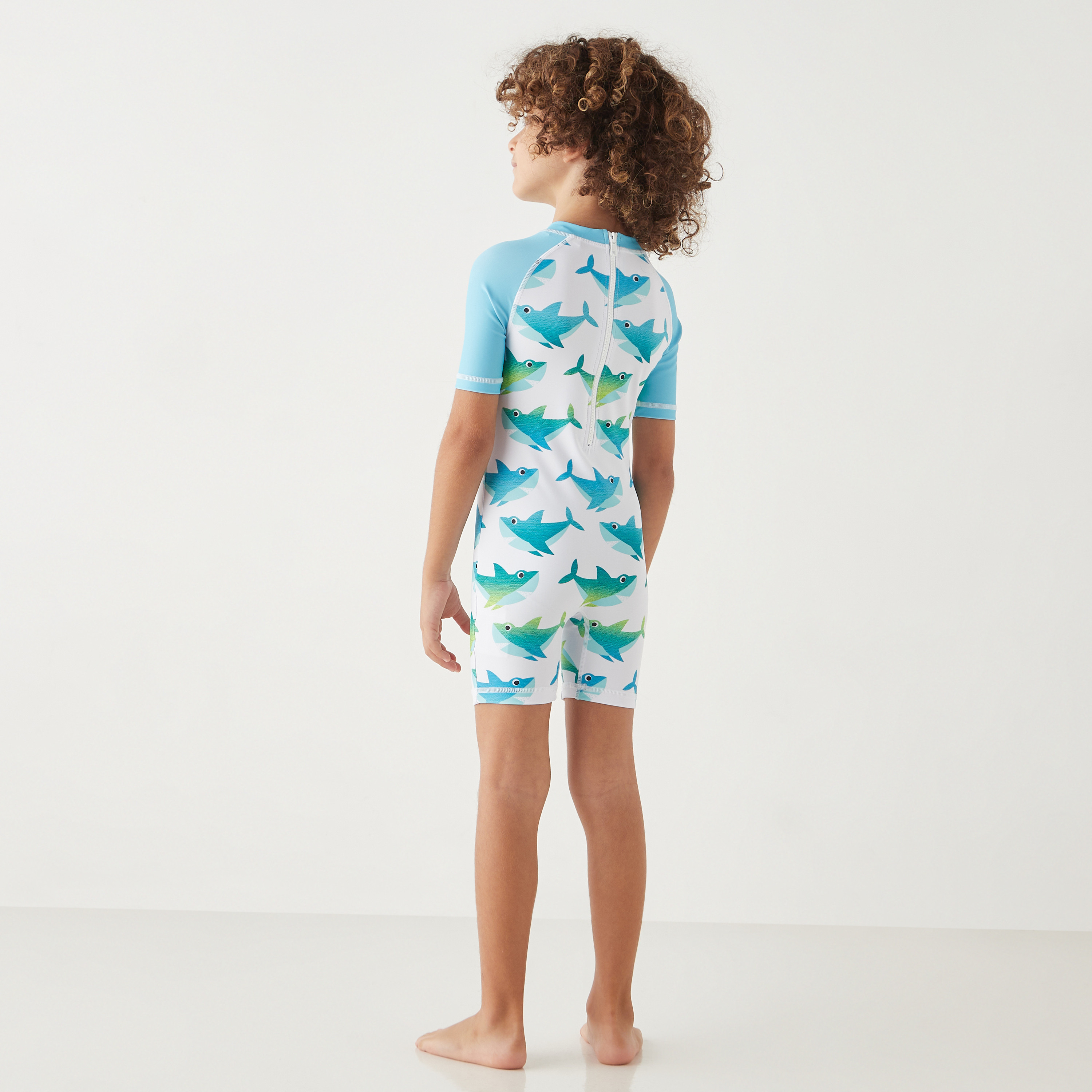 Juniors Shark Print Swimsuit with Short Sleeves-sports-boys-clothing-swimwear-image-3