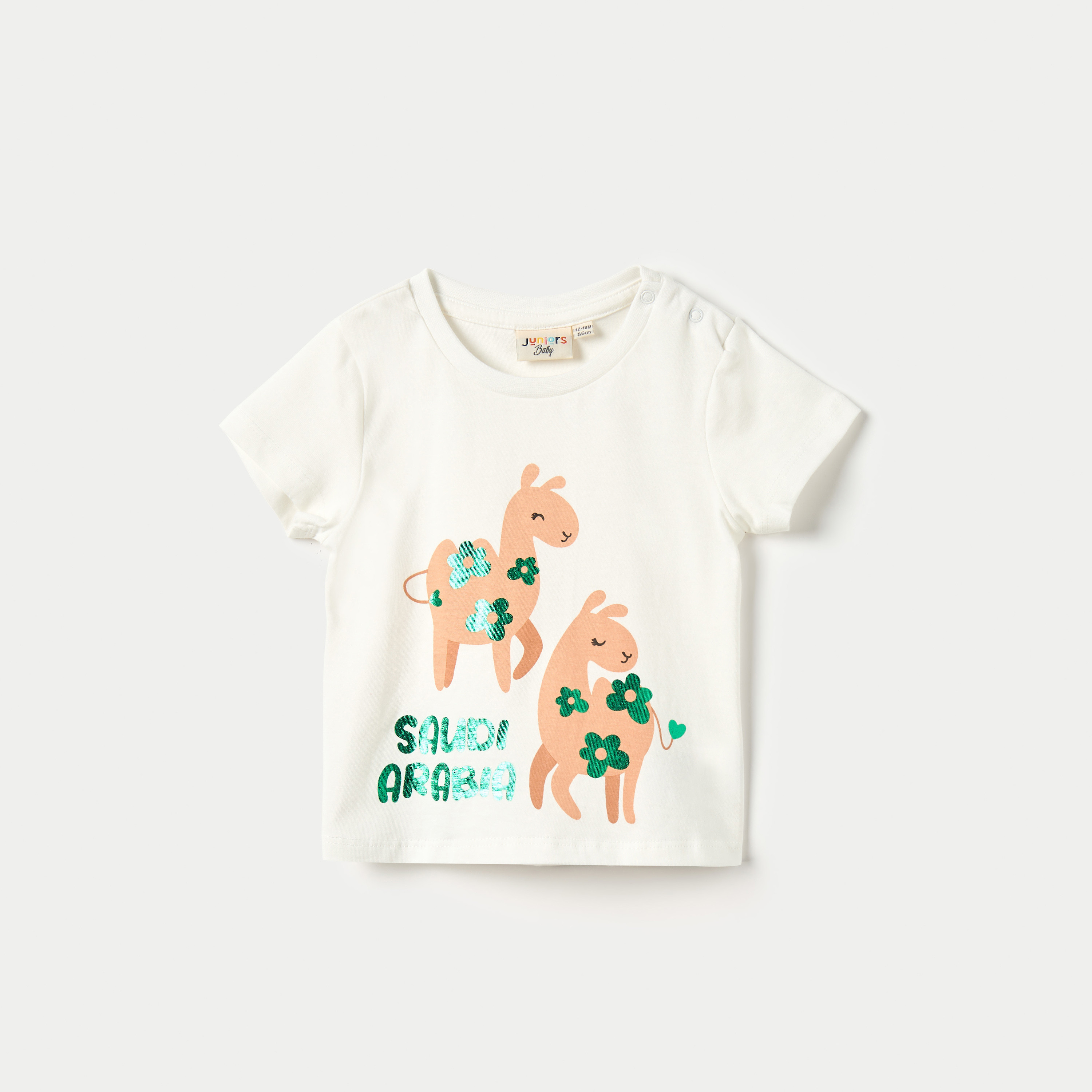 Juniors Foil Graphic Print T-shirt with Short Sleeves and Round Neck-baby-girls-clothing-tshirts-image-1