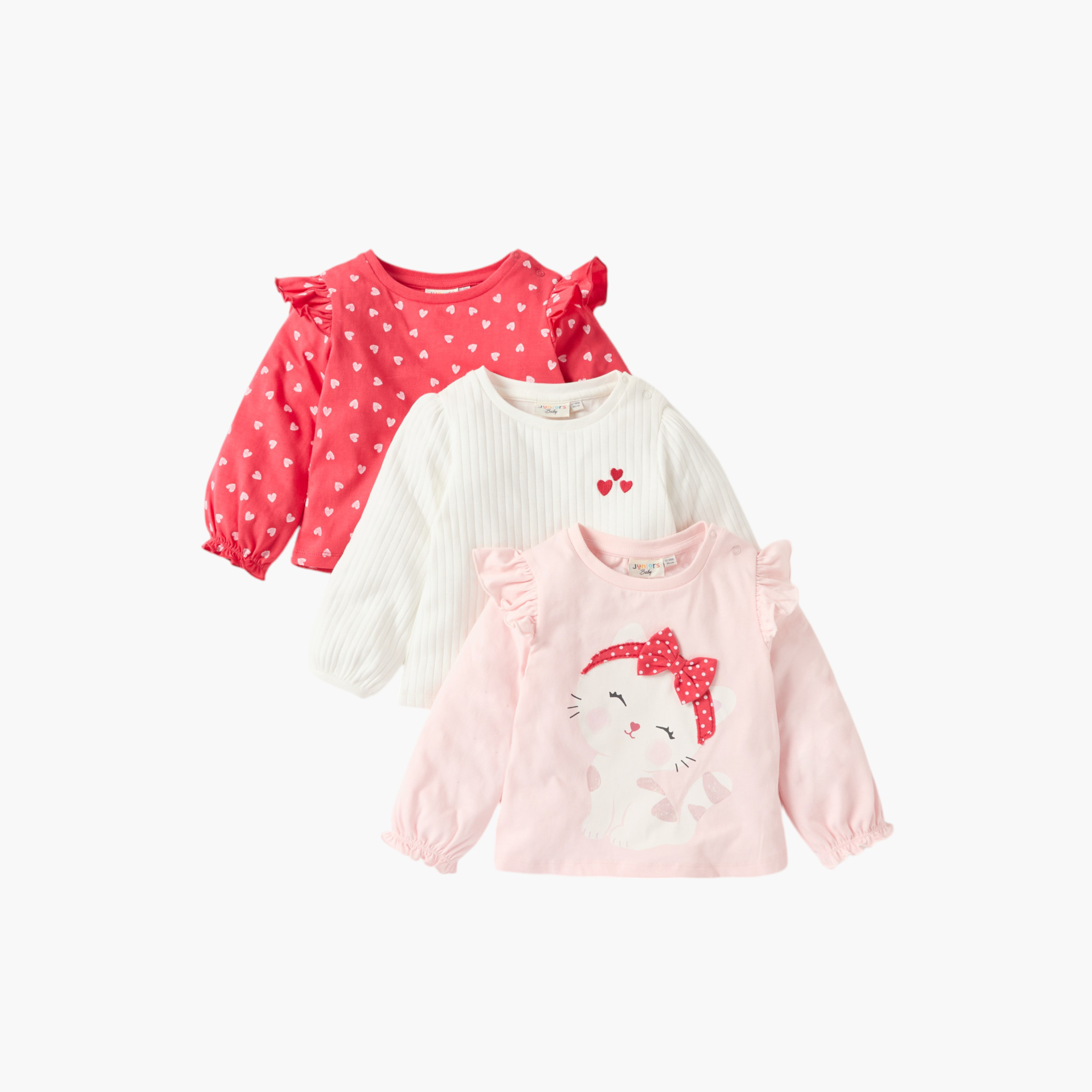 بلوزة بأكمام طويلة وطبعات من جونيورز - طقم من 3 قطع-baby-girls-clothing-tshirts-image-1