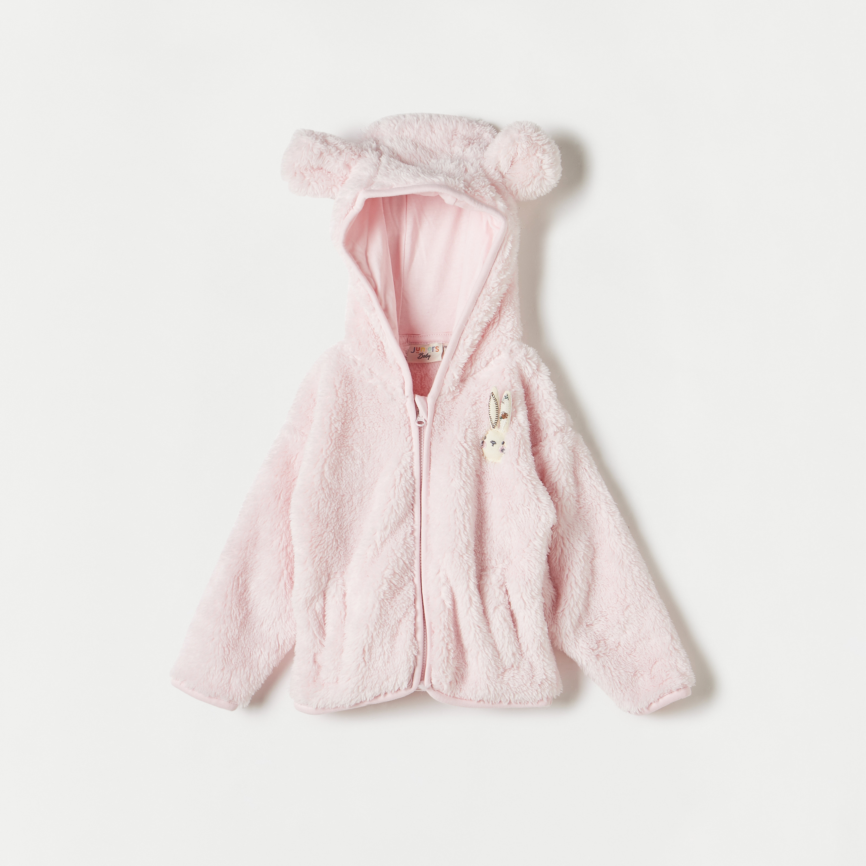 Juniors Bunny Applique Hooded Pullover with Long Sleeves and Zip Closure-baby-girls-clothing-winterwear-jacketsandcoats-image-1