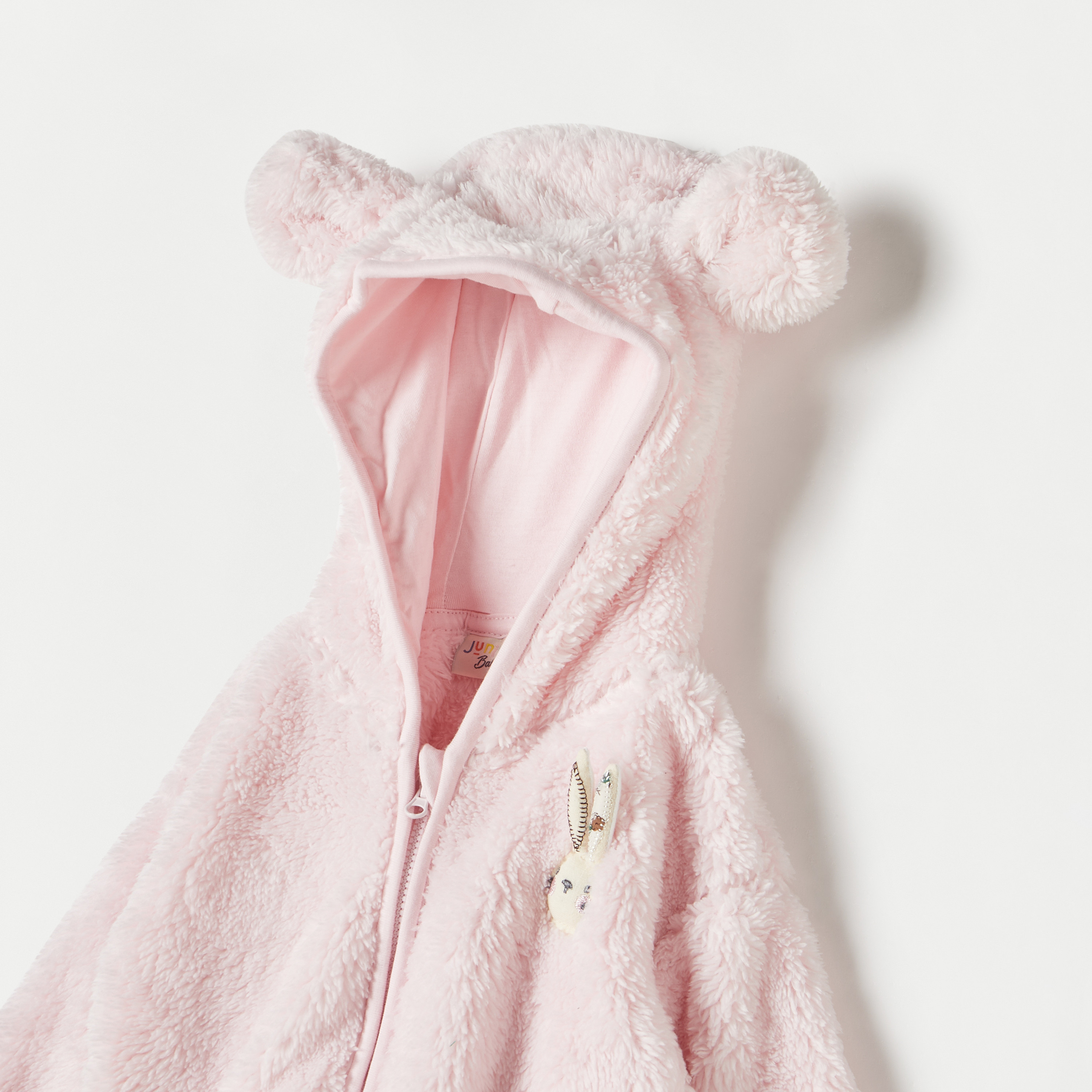 Juniors Bunny Applique Hooded Pullover with Long Sleeves and Zip Closure-baby-girls-clothing-winterwear-jacketsandcoats-image-2
