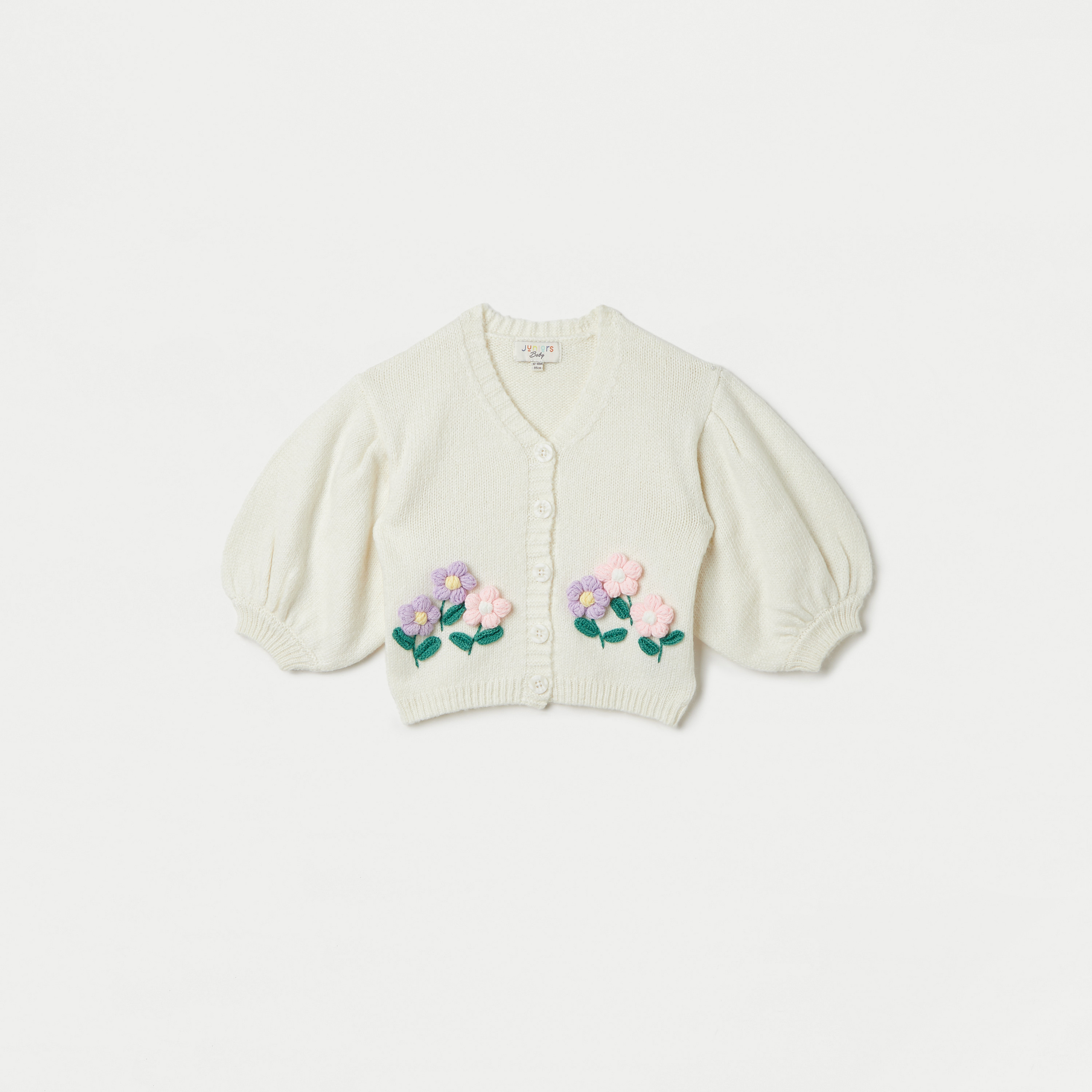 Juniors Floral Embroidered Cardigan with Button Closure and Puff Sleeves-baby-girls-clothing-jumpersandcardigans-image-1