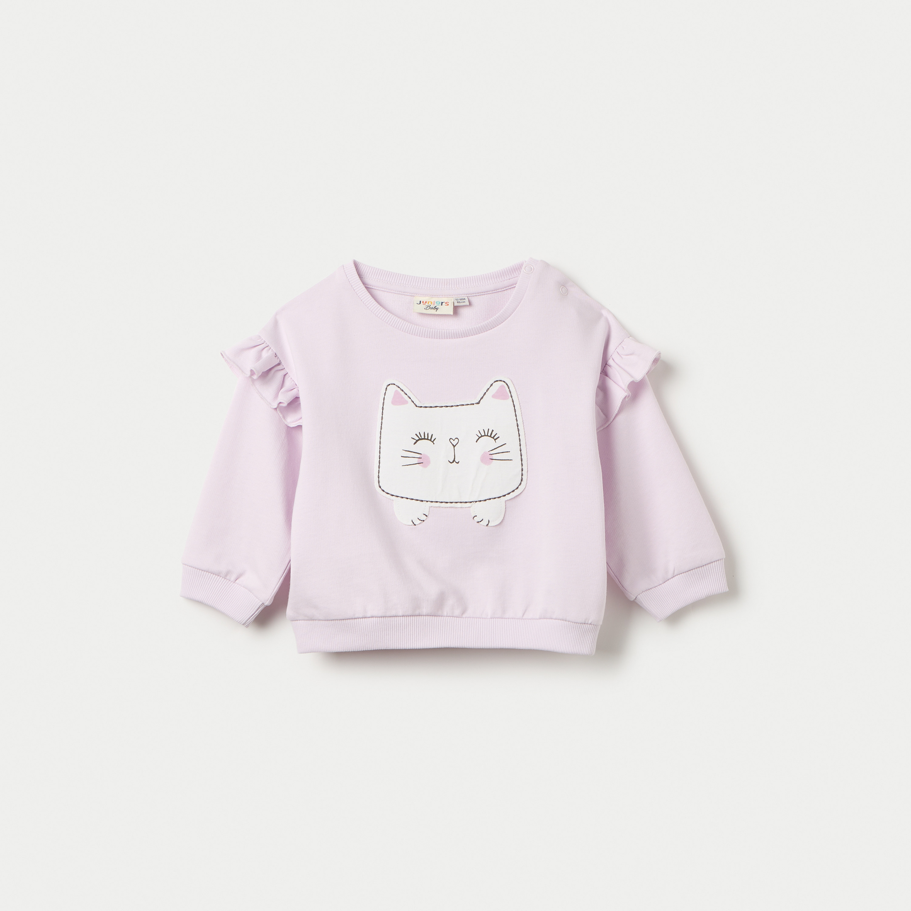 Juniors Cat Applique Sweatshirt with Long Sleeves-baby-girls-clothing-winterwear-sweatshirts-image-1