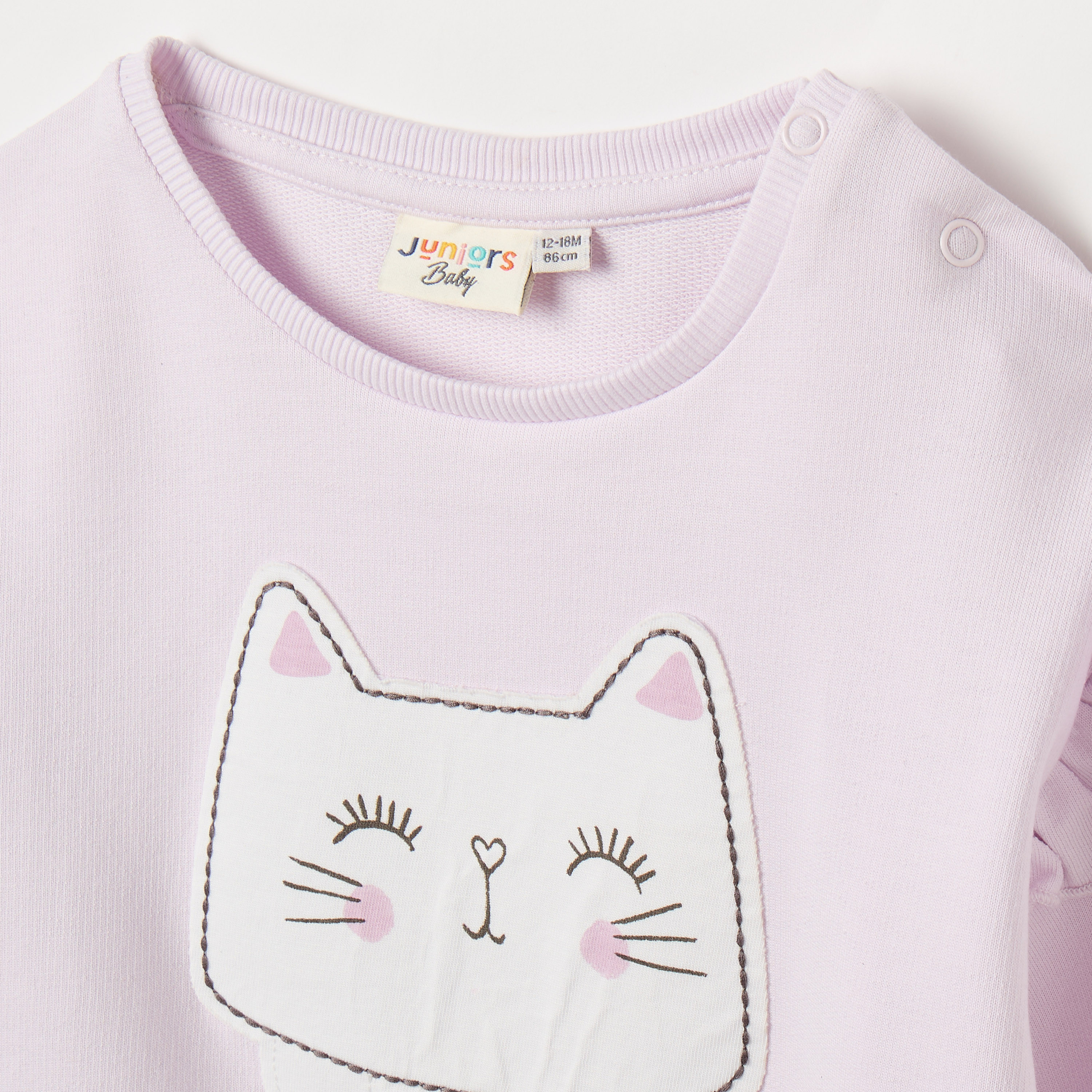 Juniors Cat Applique Sweatshirt with Long Sleeves-baby-girls-clothing-winterwear-sweatshirts-image-2