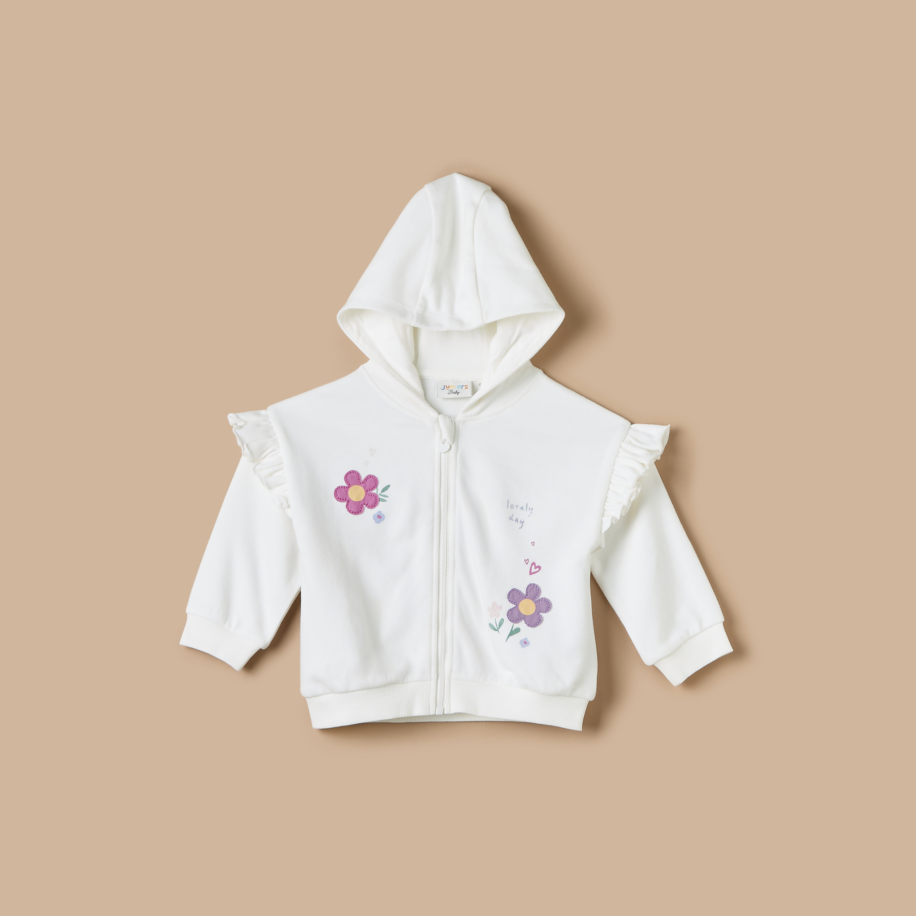 Buy Juniors Floral Applique Hooded Sweatshirt with Ruffle Detail Online ...
