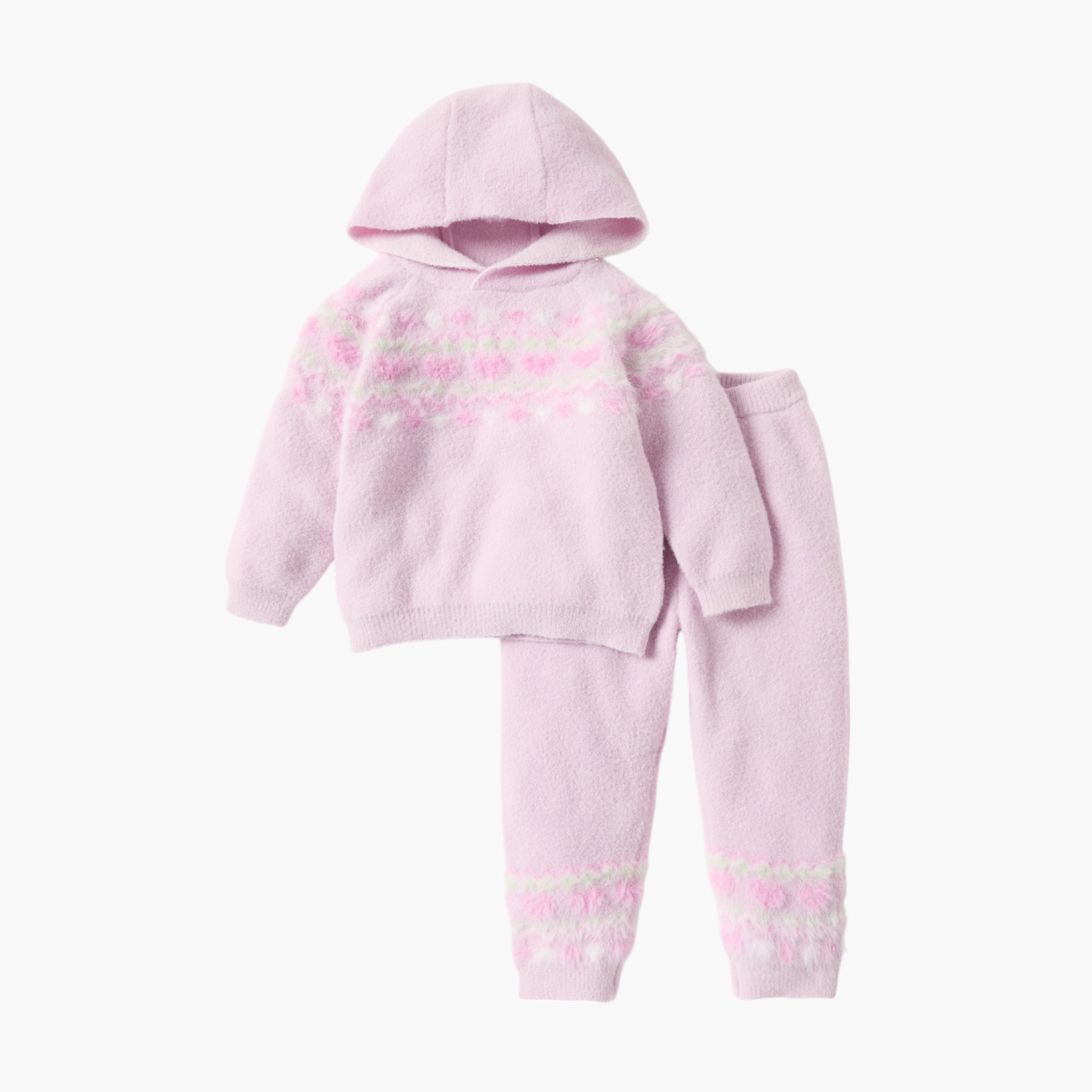 طقم سويت شيرت بارز الملمس بقبعة بأكمام طويلة وبنطلون رياضي من جونيورز-baby-girls-clothing-setsandcoords-image-1
