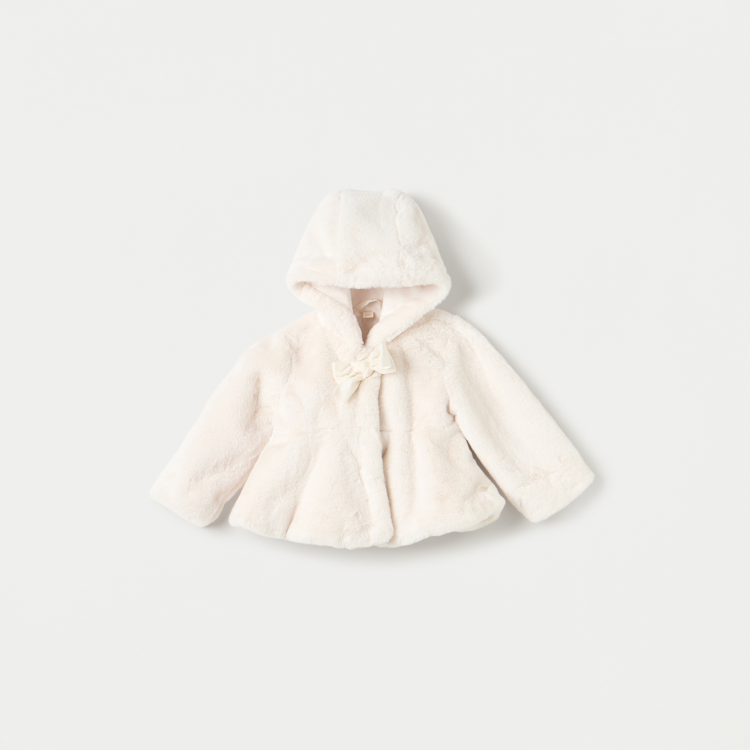 Giggles Solid Faux Fur Jacket with Hood and Bow Detail