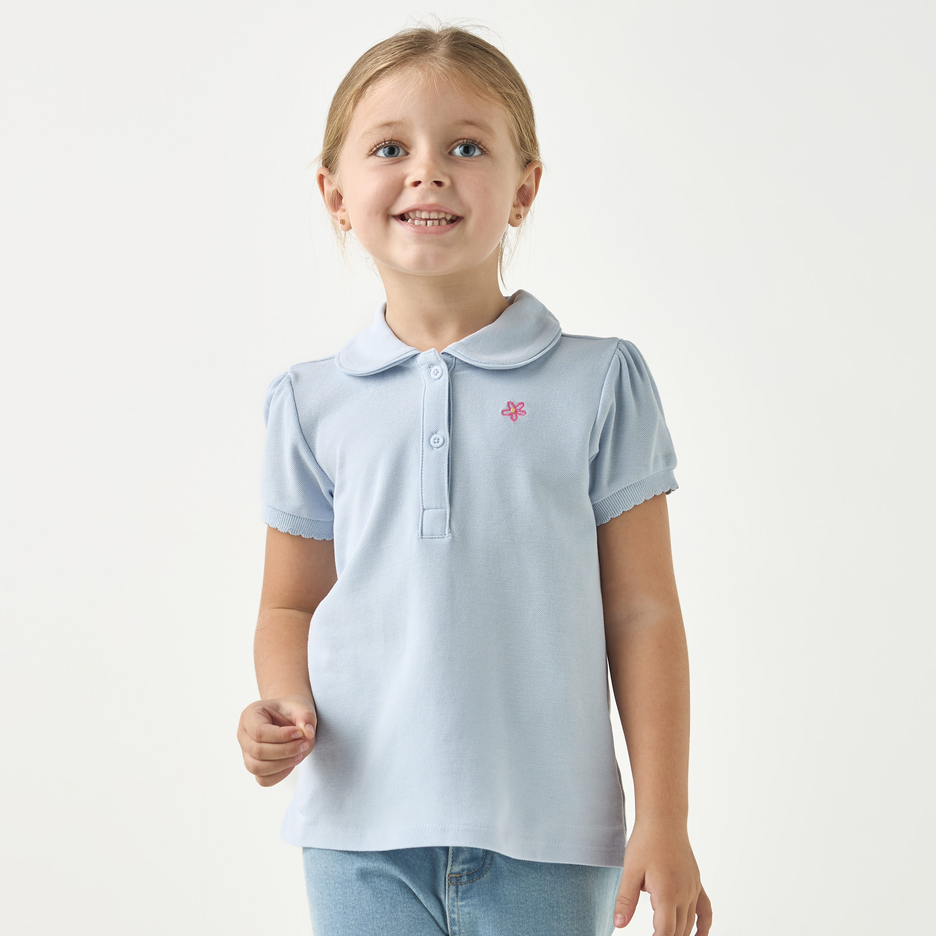 تيشيرت بولو بأكمام قصيرة وتطريز زهري من جونيورز-girls-clothing-tshirts-image-1