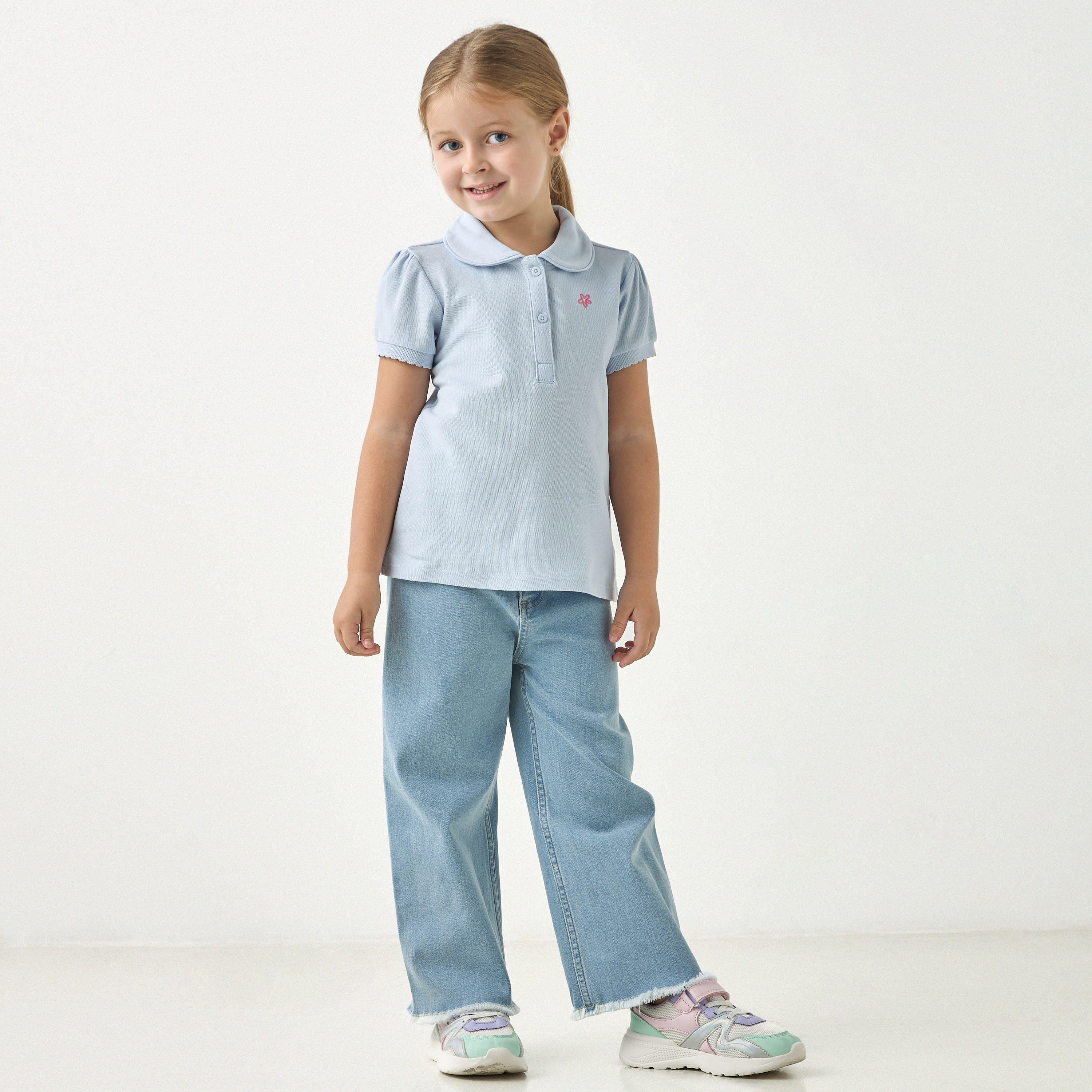 تيشيرت بولو بأكمام قصيرة وتطريز زهري من جونيورز-girls-clothing-tshirts-image-2