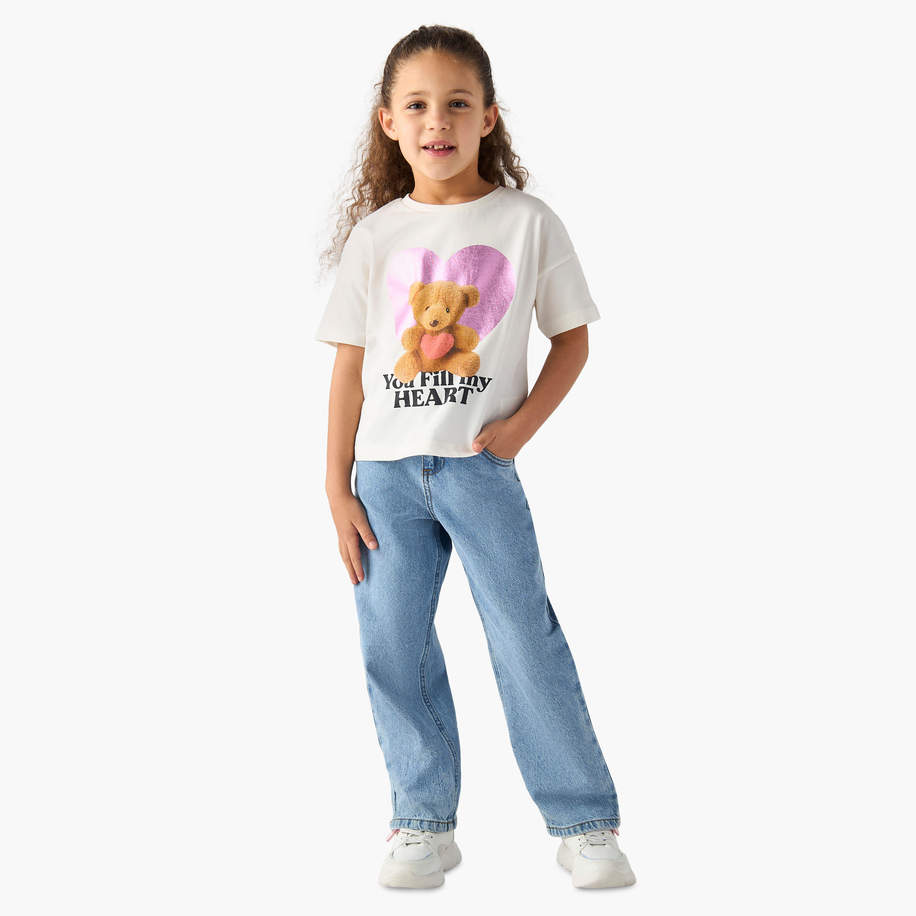 Juniors Bear Print T-shirt with Crew Neck and Short Sleeves-girls-clothing-tshirts-image-2