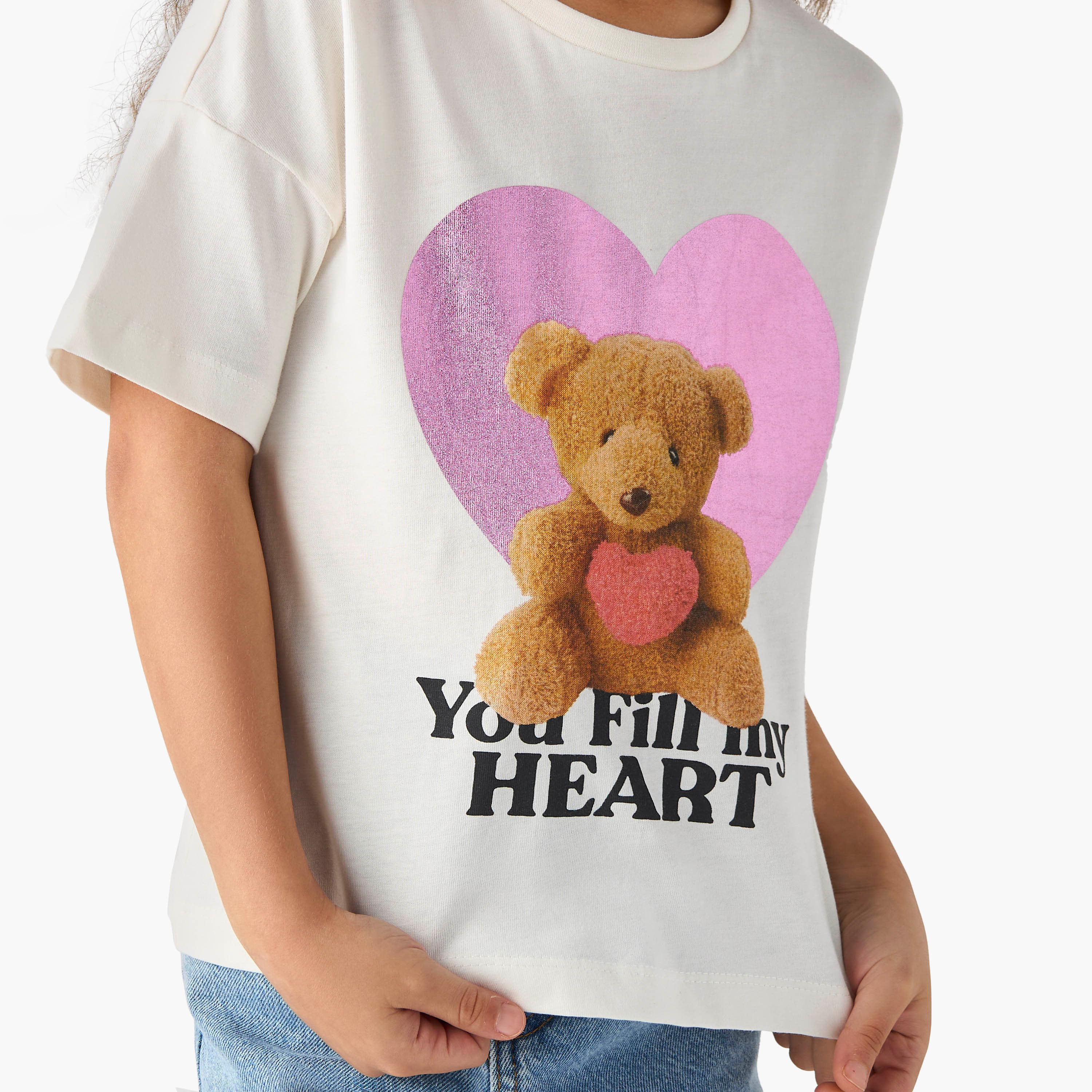 Juniors Bear Print T-shirt with Crew Neck and Short Sleeves-girls-clothing-tshirts-image-4