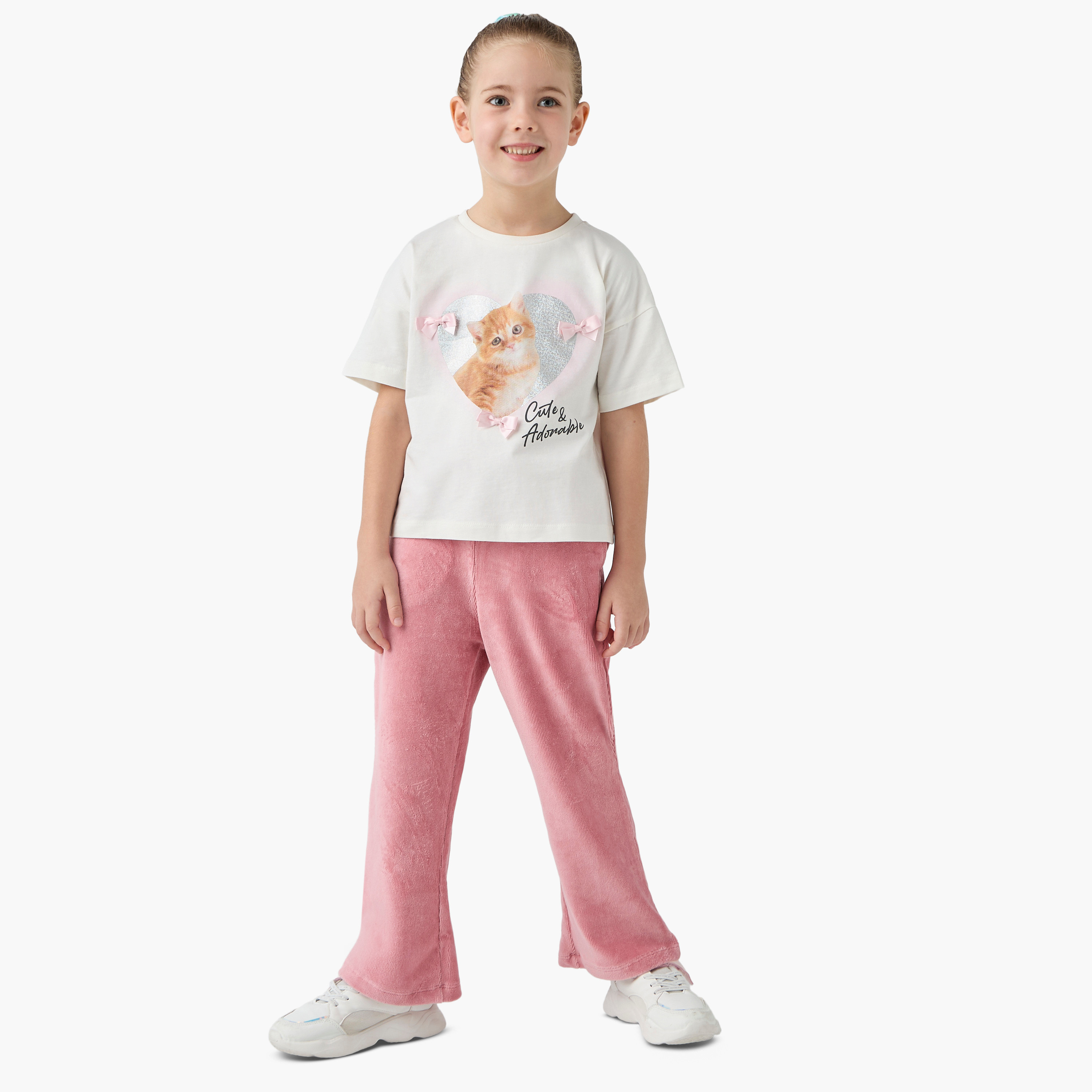 Juniors Kitten Print Crew Neck T-shirt with Bow Accent-girls-clothing-tshirts-image-2