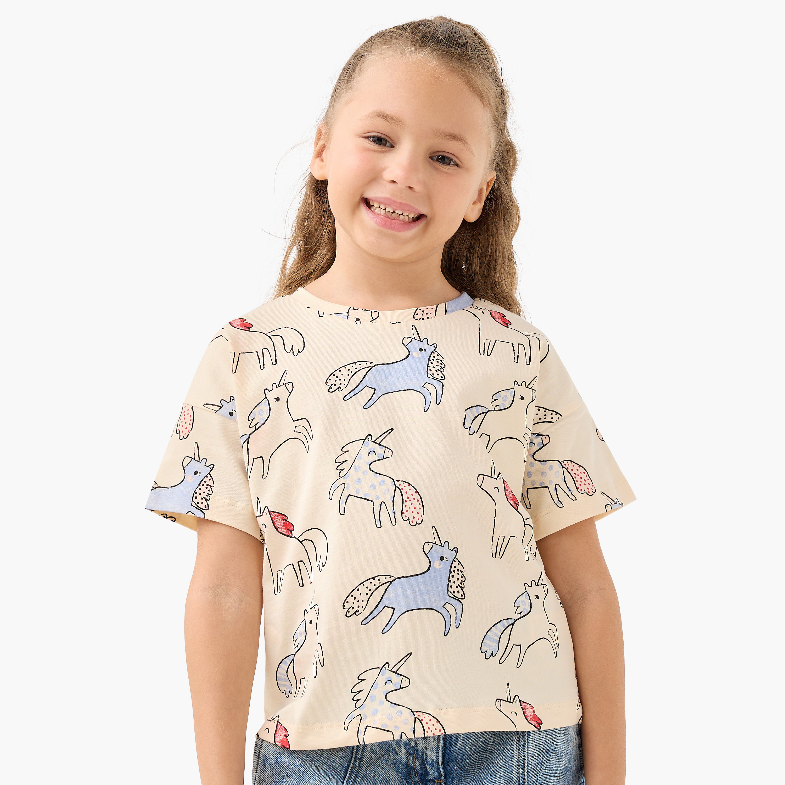 تيشيرت بطبعات يونيكورن وياقة ضيقة وأكمام قصيرة من جونيورز-girls-clothing-tshirts-image-5