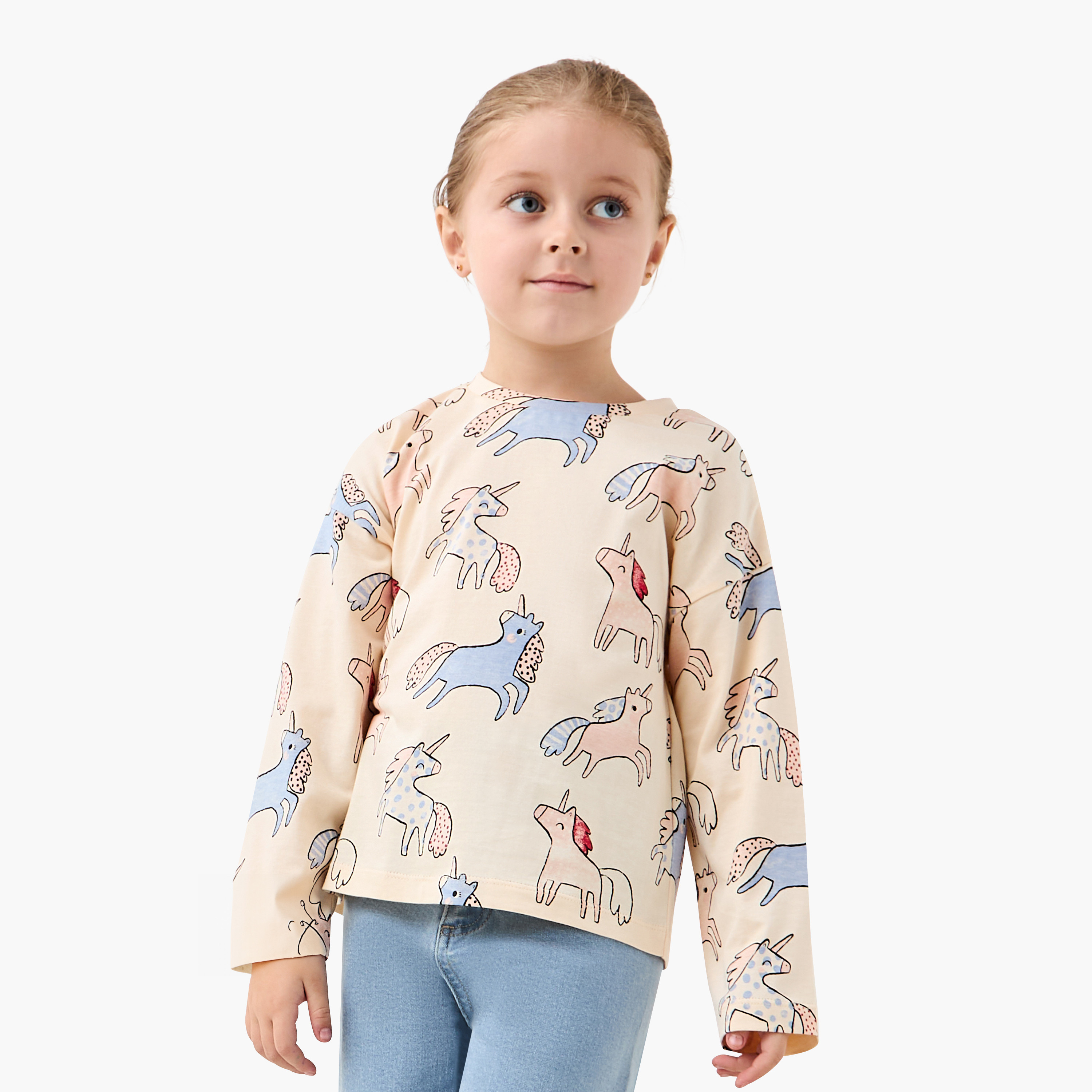 تيشيرت بياقة ضيقة وأكمام قصيرة وطبعات يونيكورن من جونيورز-girls-clothing-tshirts-image-1