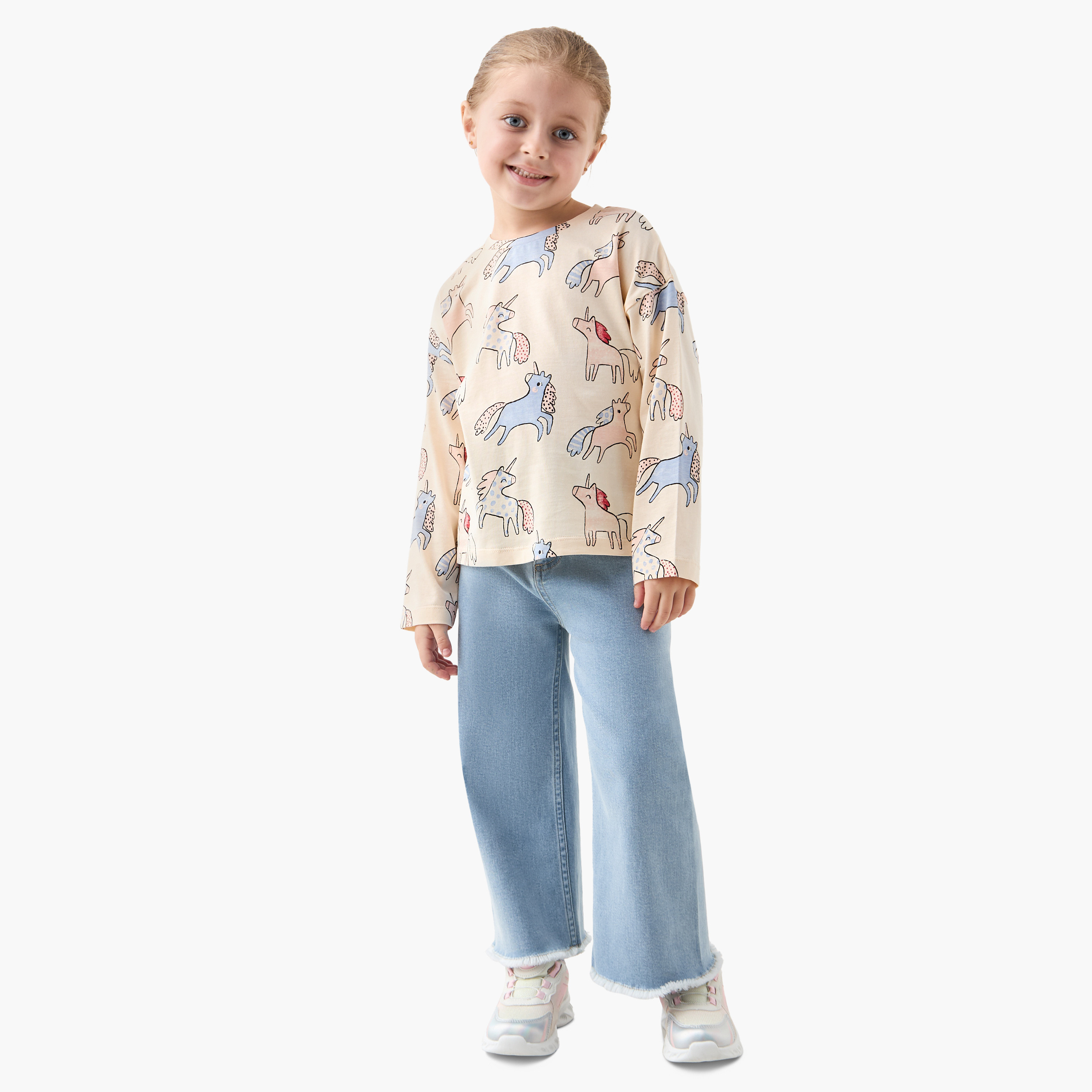 تيشيرت بياقة ضيقة وأكمام قصيرة وطبعات يونيكورن من جونيورز-girls-clothing-tshirts-image-2