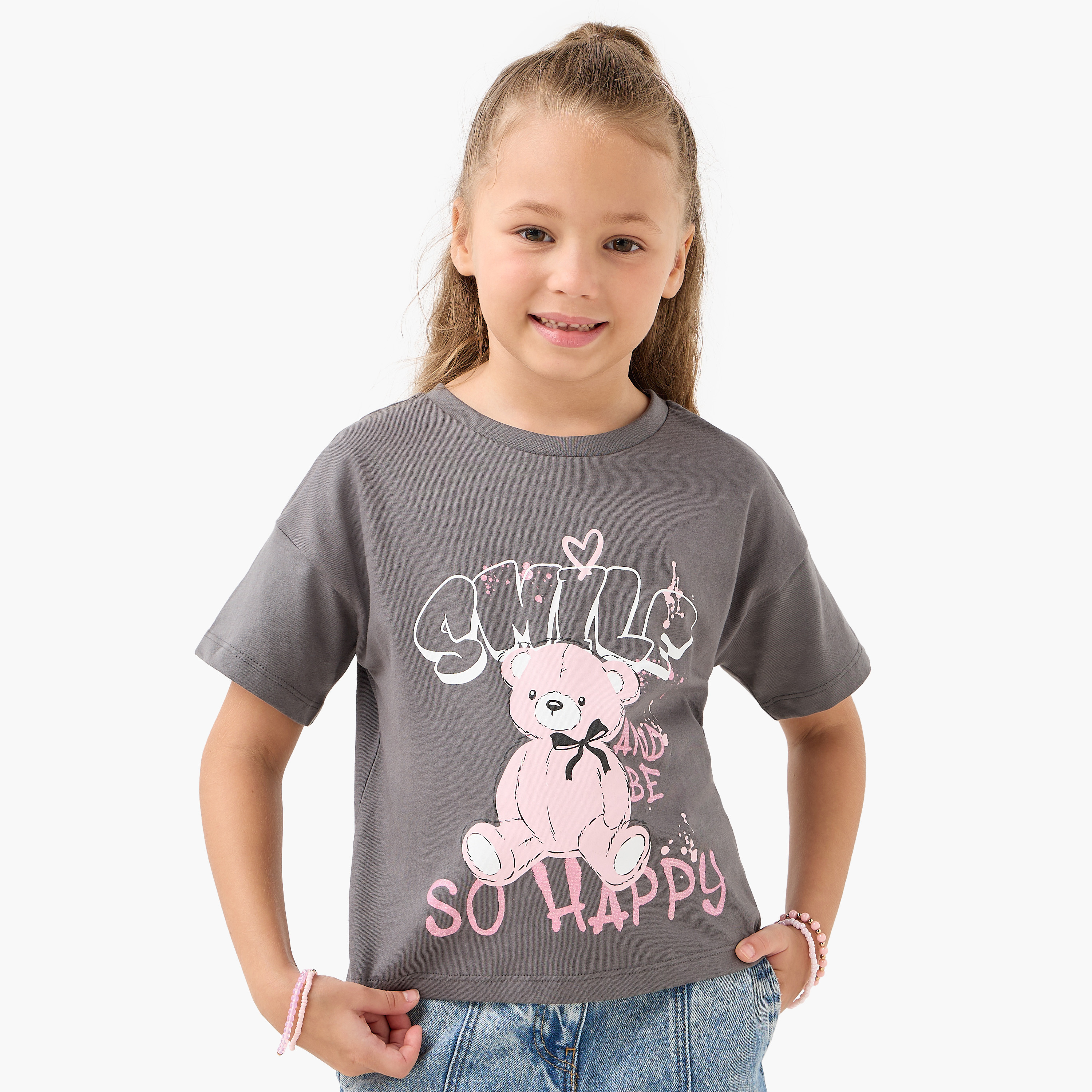 Juniors Crew Neck Short Sleeves T-shirt with Bear Print-girls-clothing-tshirts-image-1