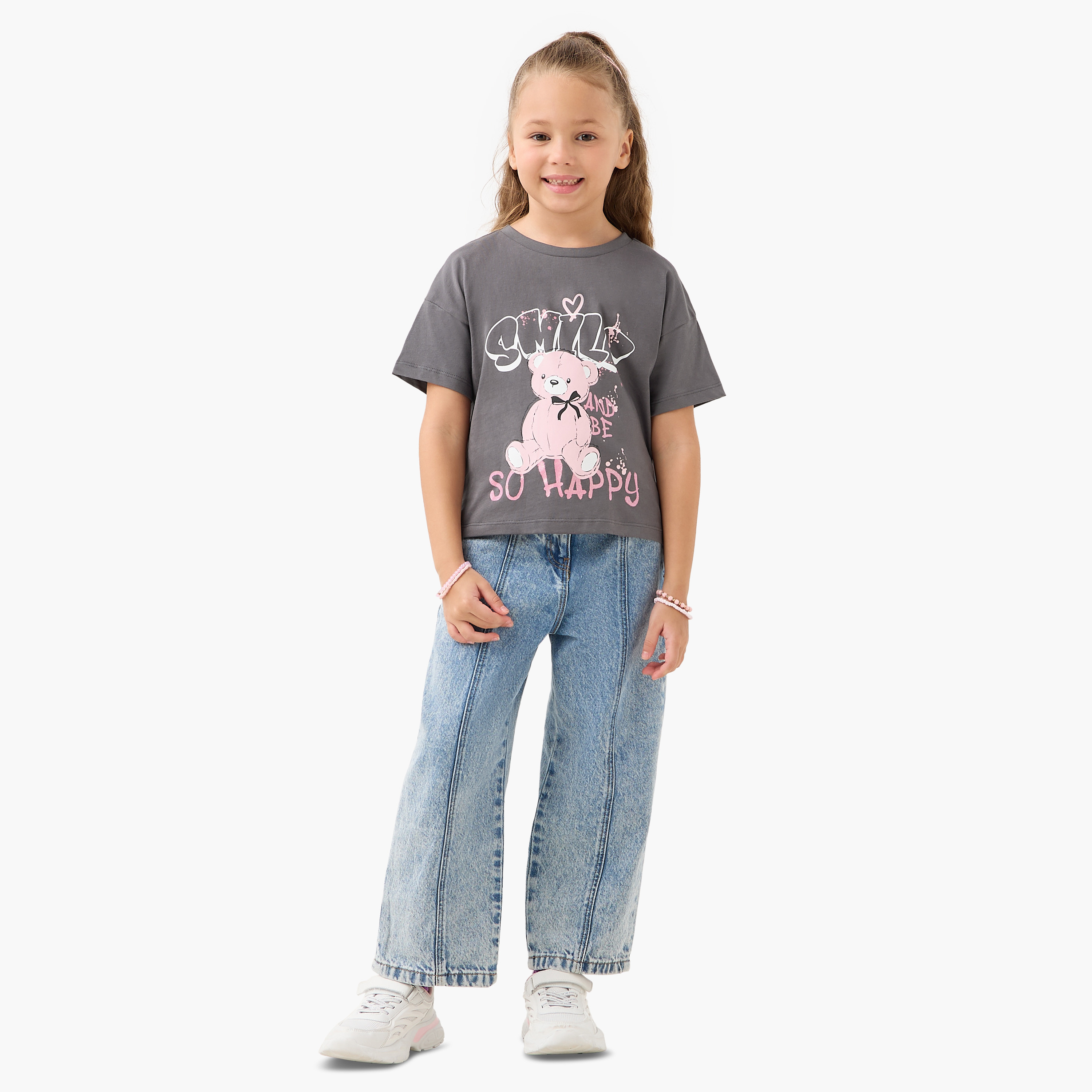 Juniors Crew Neck Short Sleeves T-shirt with Bear Print-girls-clothing-tshirts-image-2