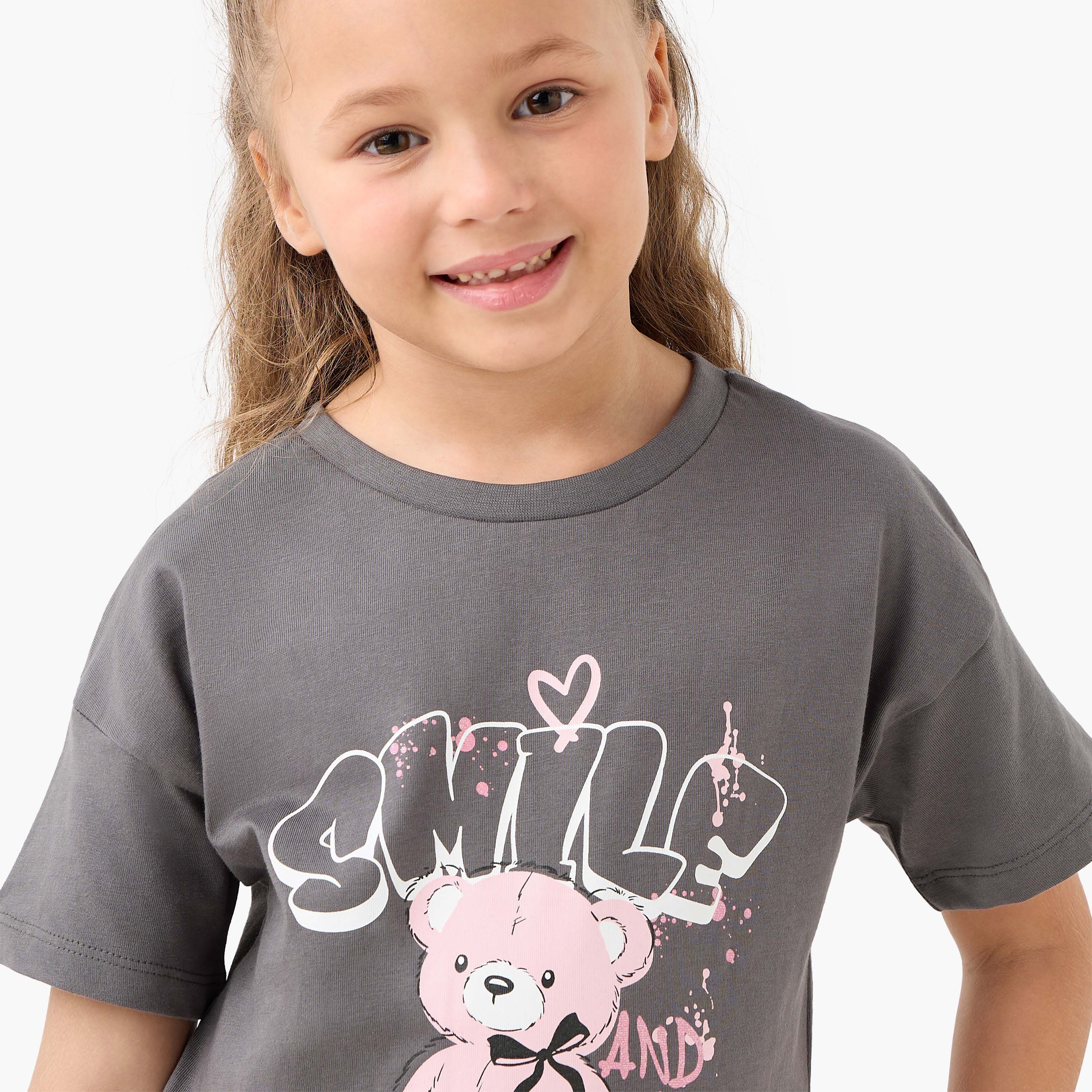 Juniors Crew Neck Short Sleeves T-shirt with Bear Print-girls-clothing-tshirts-image-4