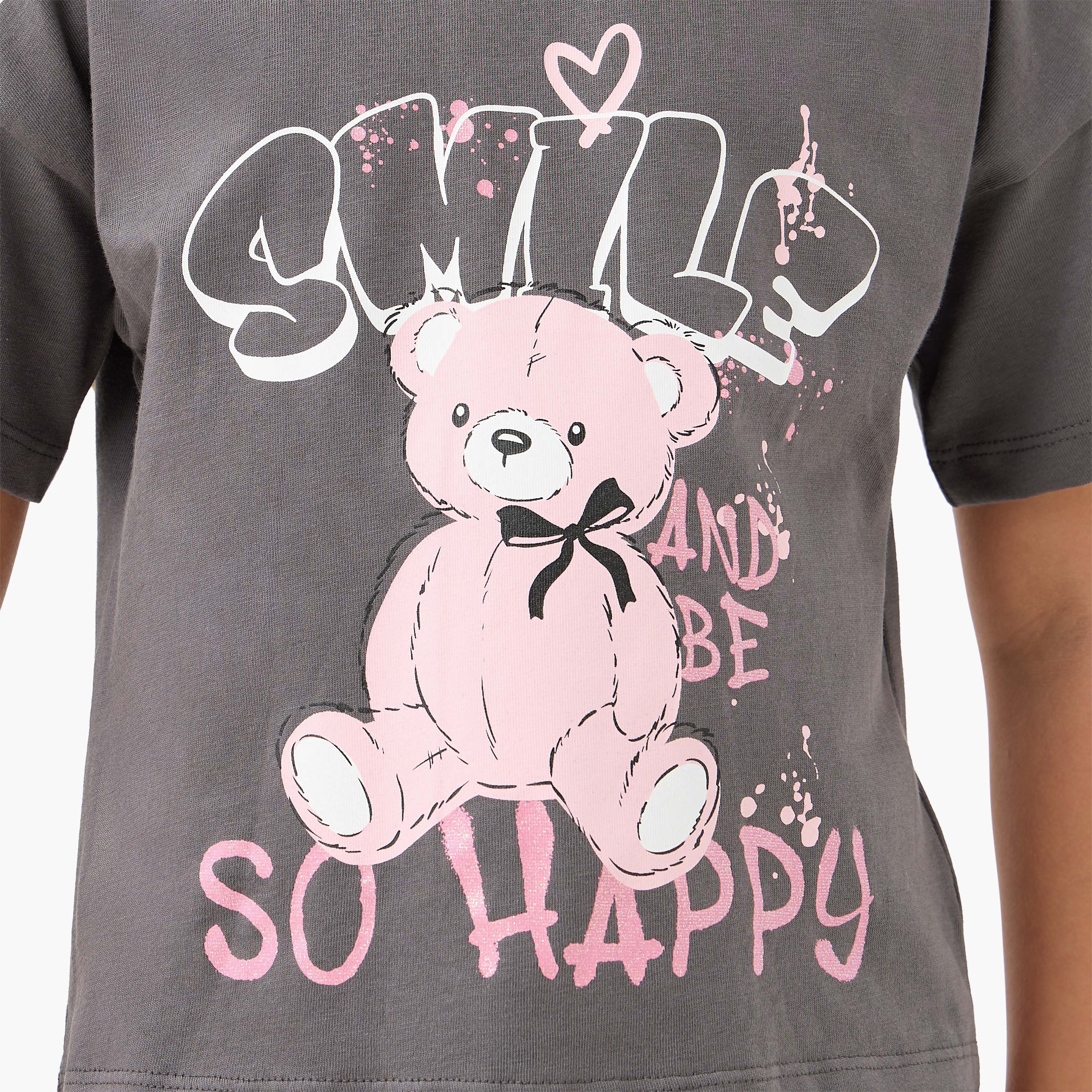 Juniors Crew Neck Short Sleeves T-shirt with Bear Print-girls-clothing-tshirts-image-5