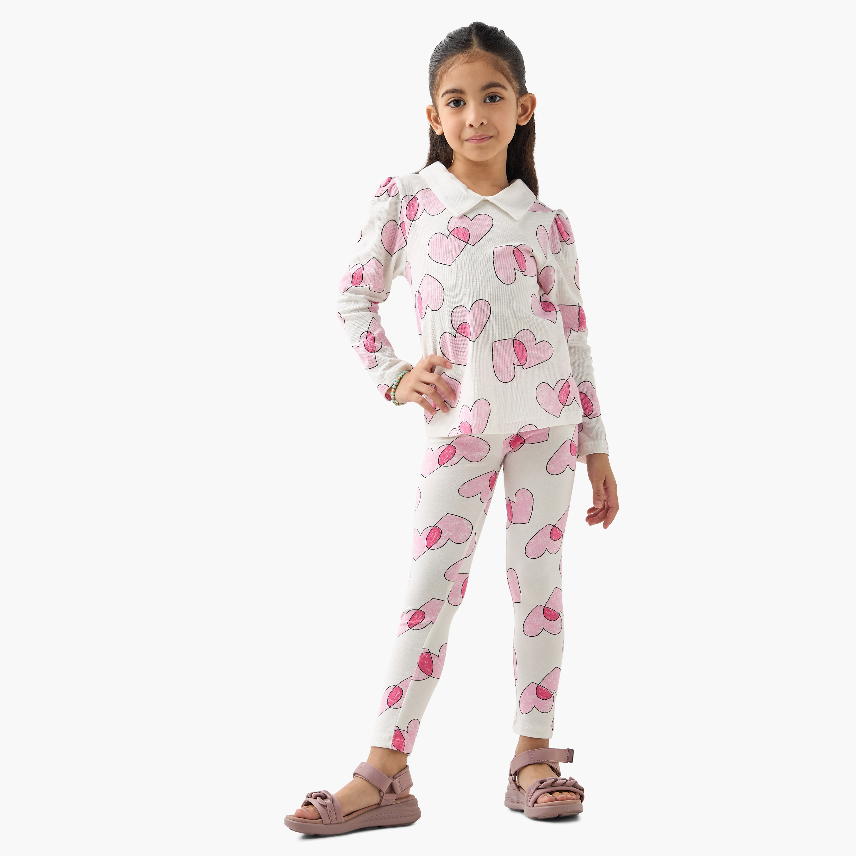 Juniors Heart Print Polo T-shirt with Long Sleeves-girls-clothing-tshirts-image-2