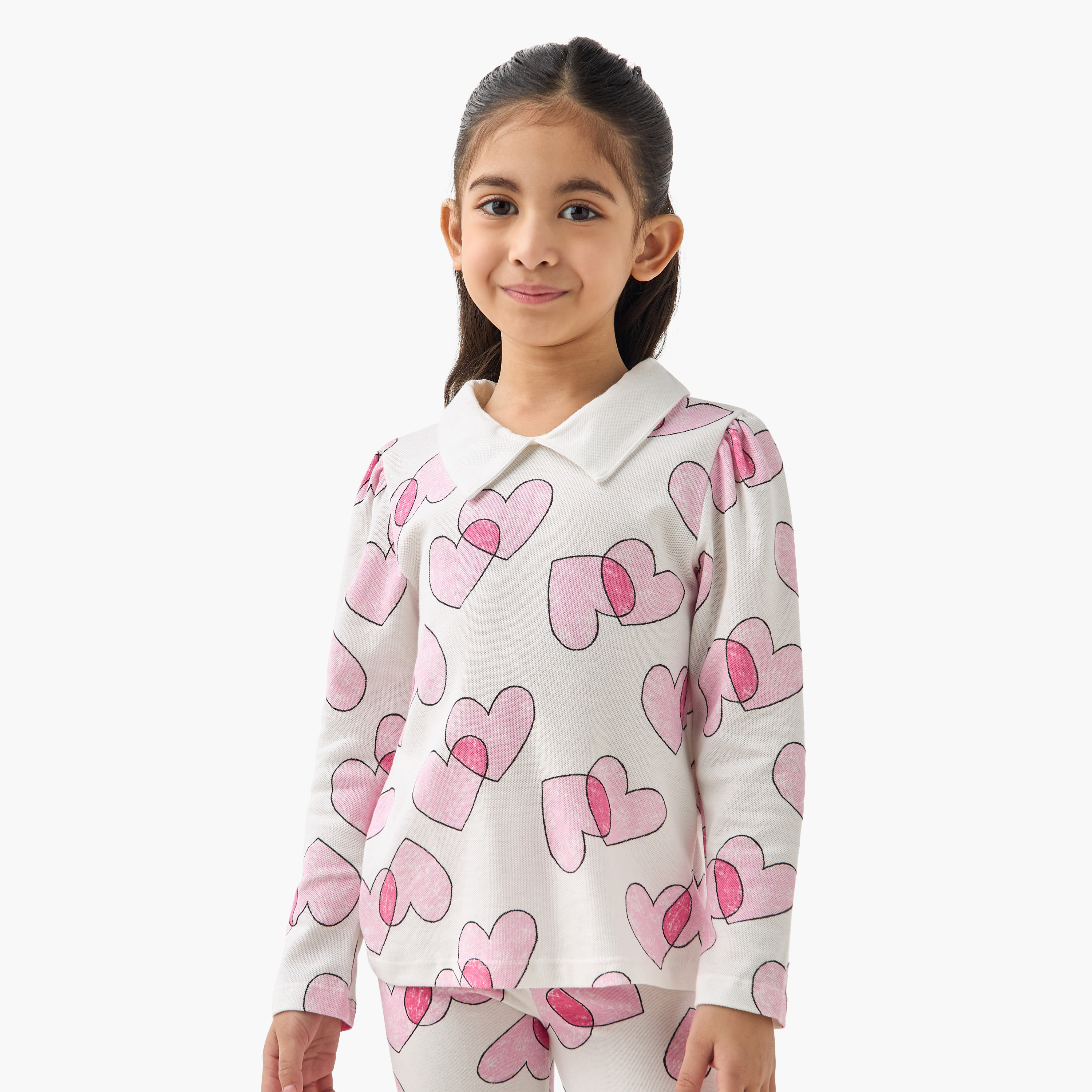 Juniors Heart Print Polo T-shirt with Long Sleeves-girls-clothing-tshirts-image-1