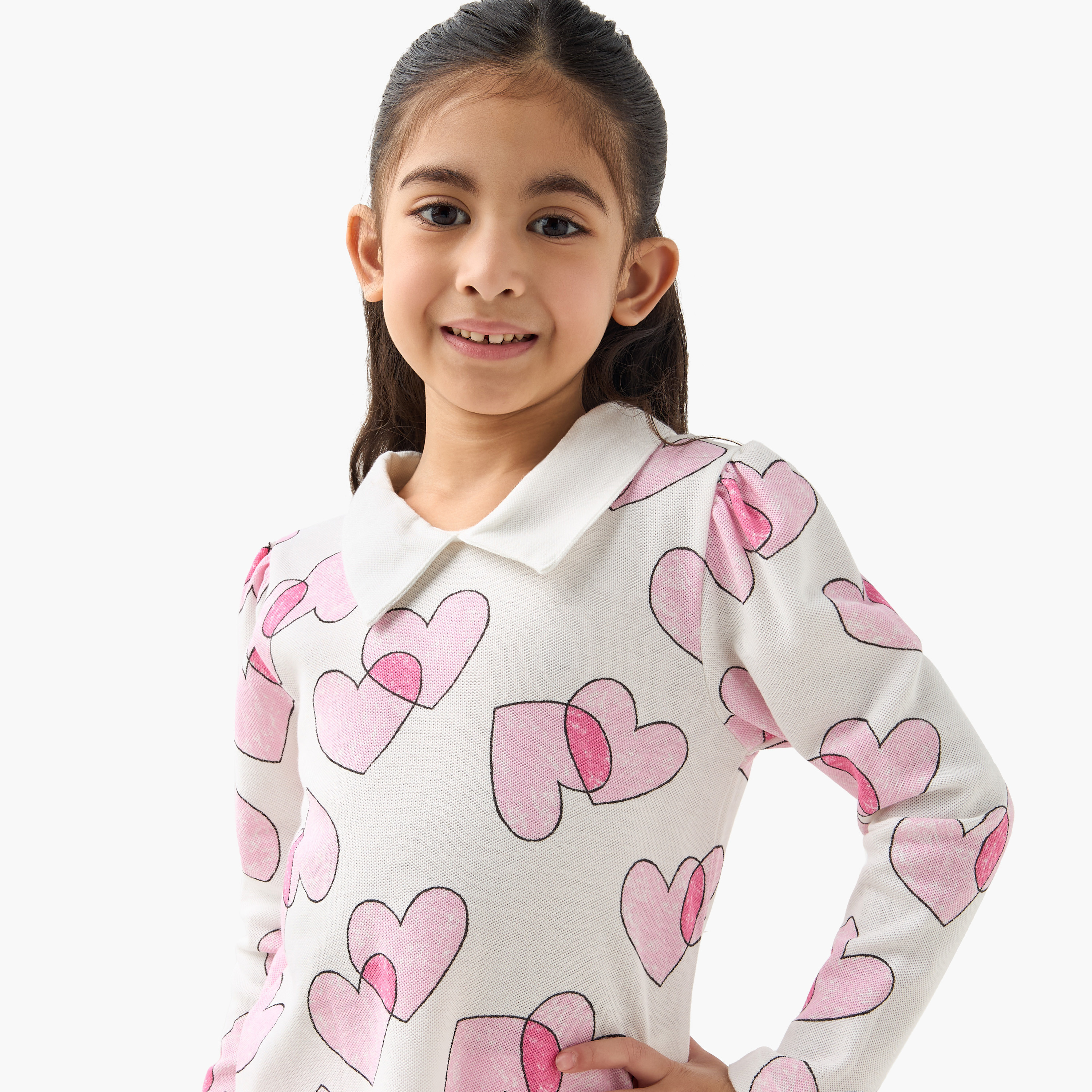 Juniors Heart Print Polo T-shirt with Long Sleeves-girls-clothing-tshirts-image-3
