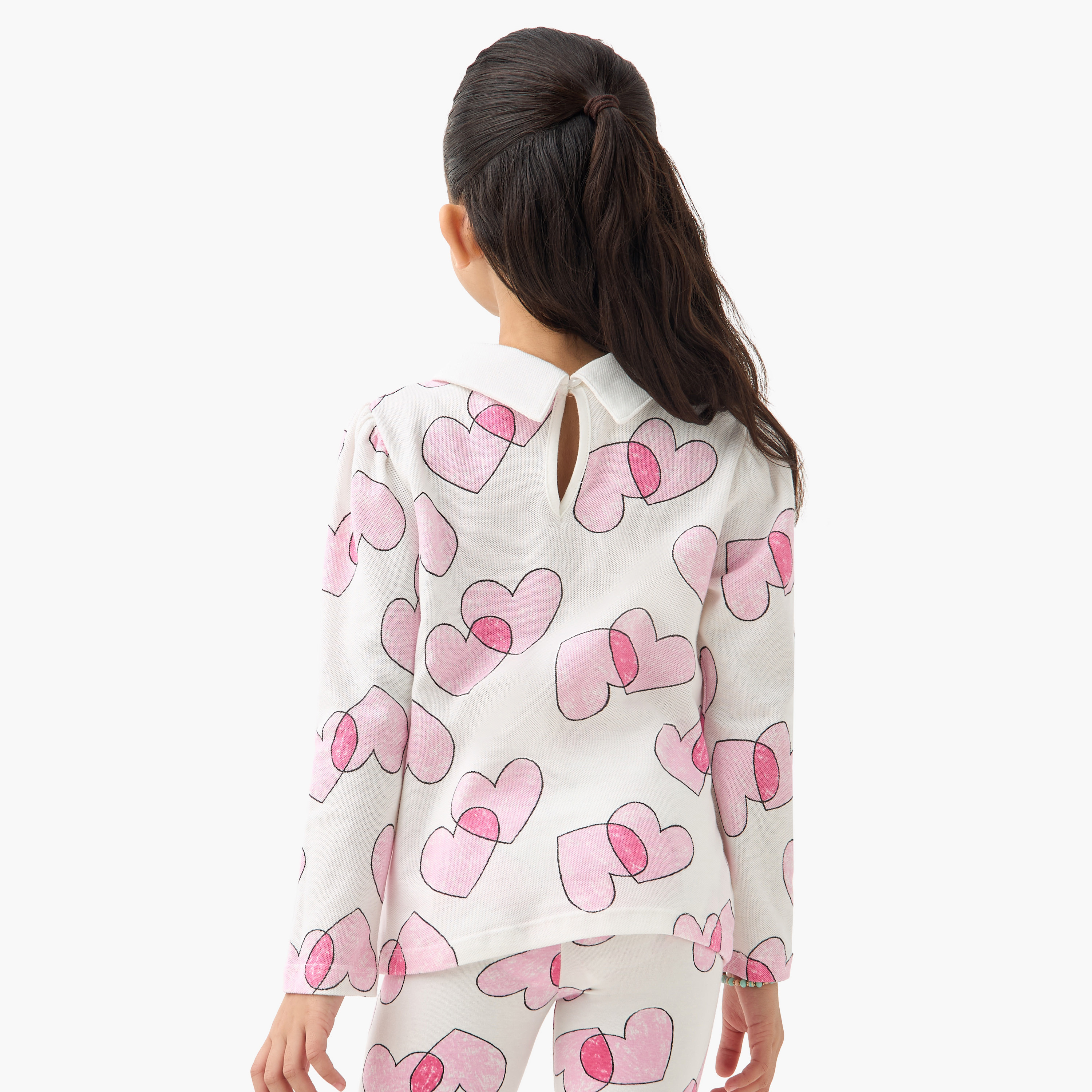Juniors Heart Print Polo T-shirt with Long Sleeves-girls-clothing-tshirts-image-4