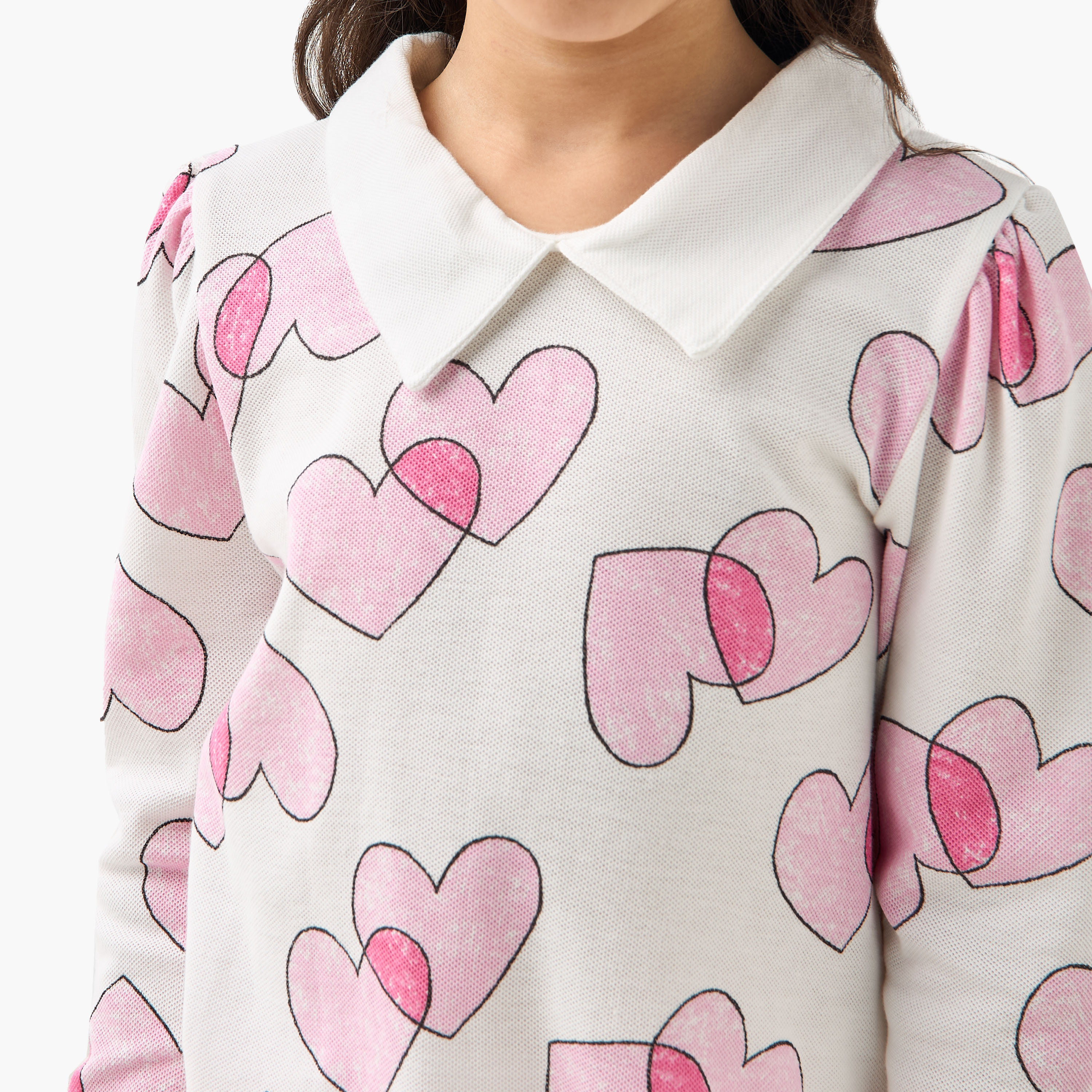Juniors Heart Print Polo T-shirt with Long Sleeves-girls-clothing-tshirts-image-5