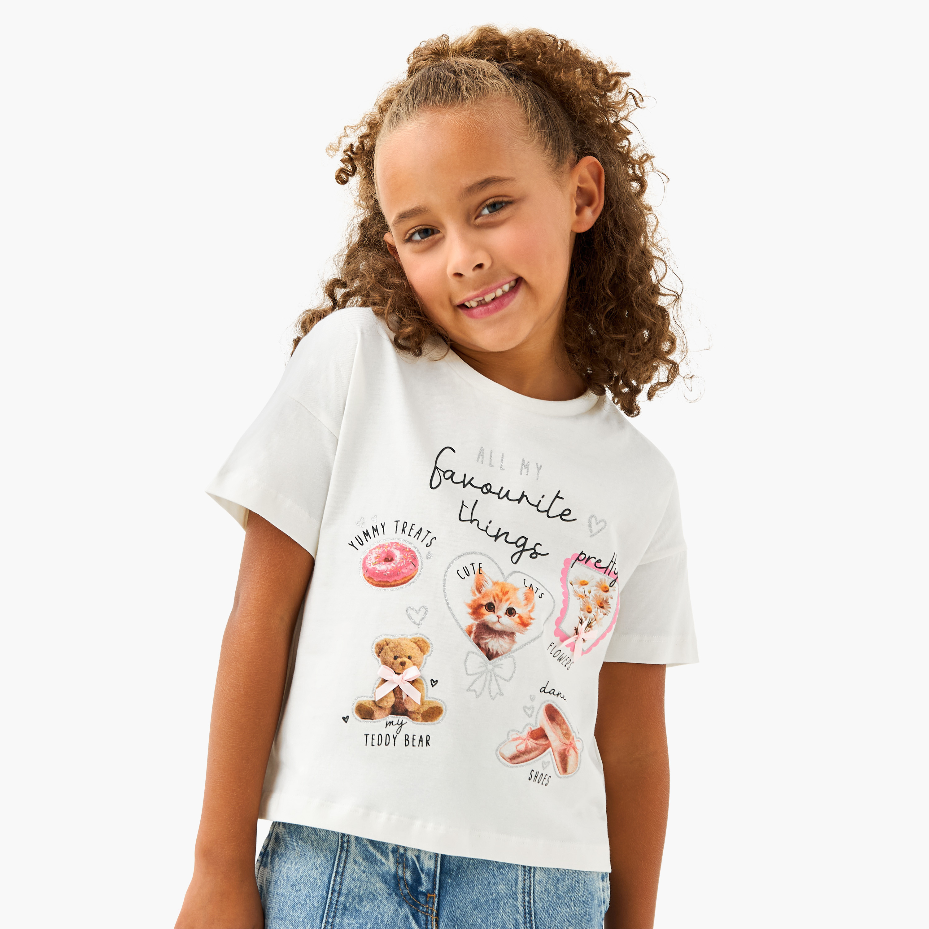 Juniors Crew Neck Short Sleeves T-shirt with Cat Print-girls-clothing-tshirts-image-1