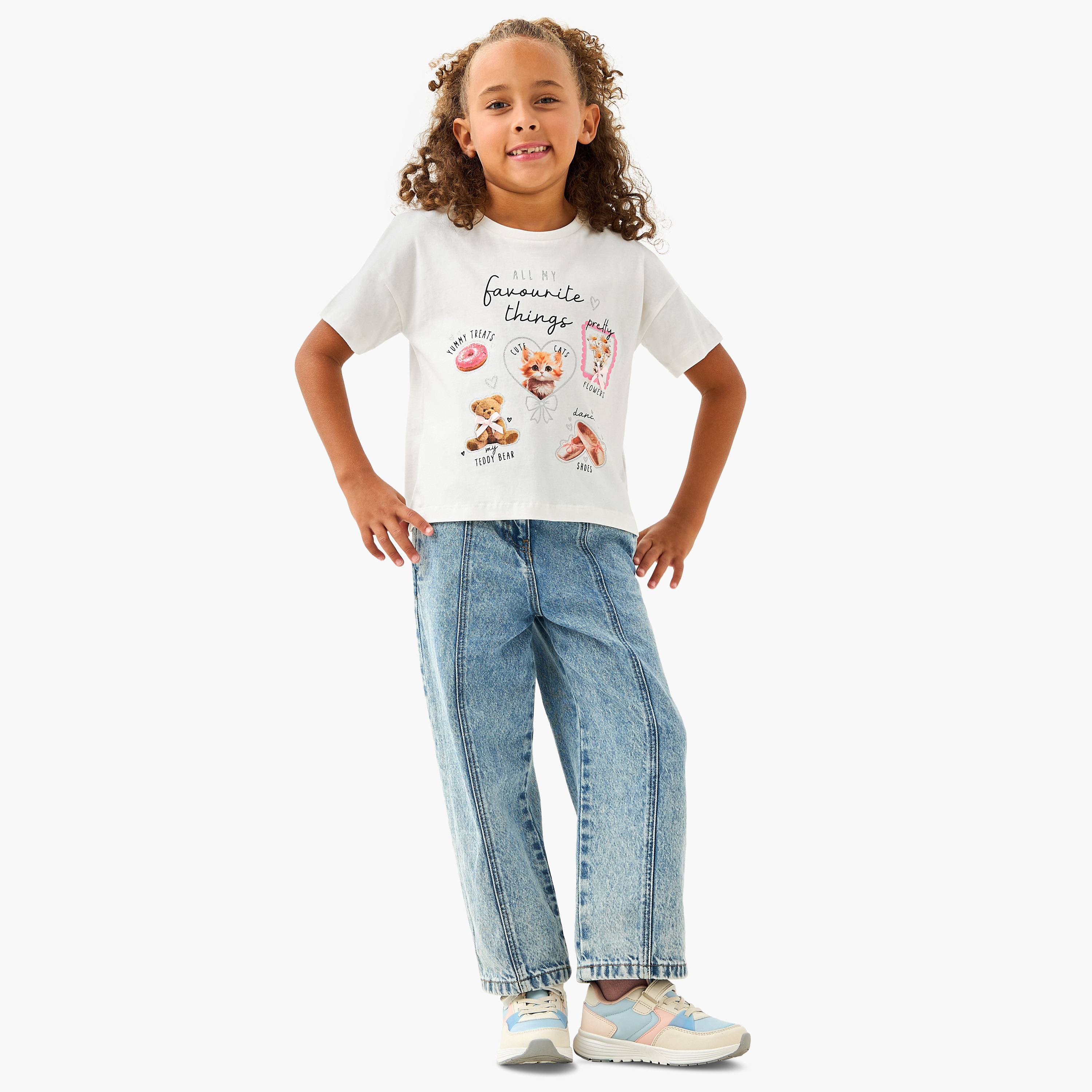 Juniors Crew Neck Short Sleeves T-shirt with Cat Print-girls-clothing-tshirts-image-2