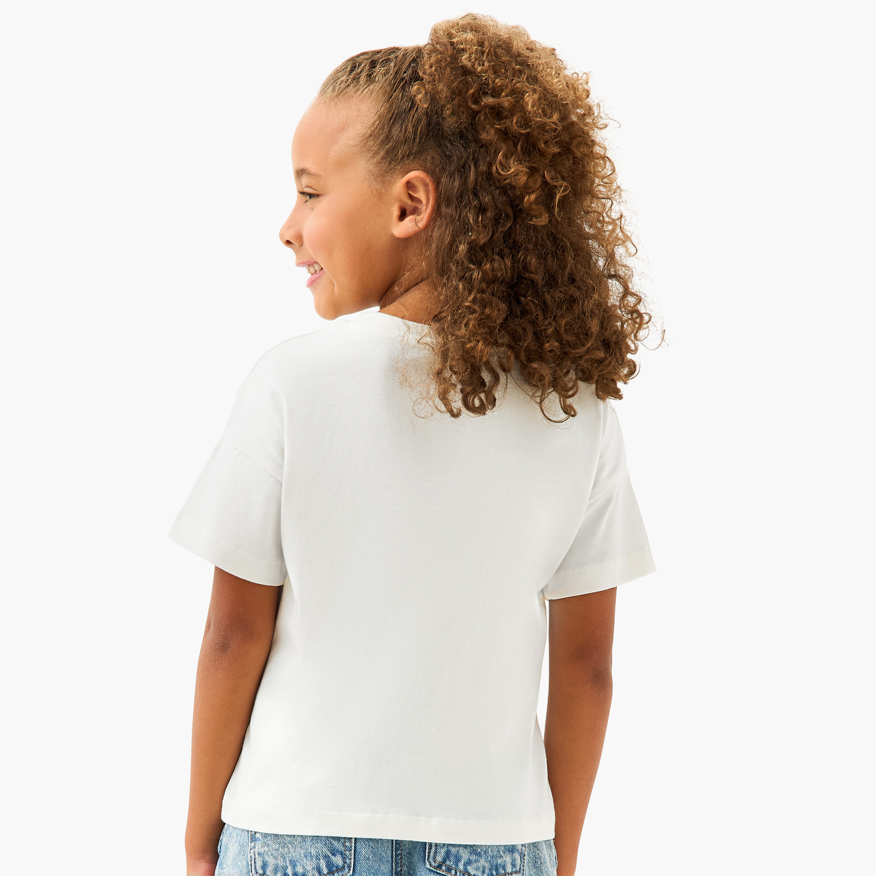 Juniors Crew Neck Short Sleeves T-shirt with Cat Print-girls-clothing-tshirts-image-3