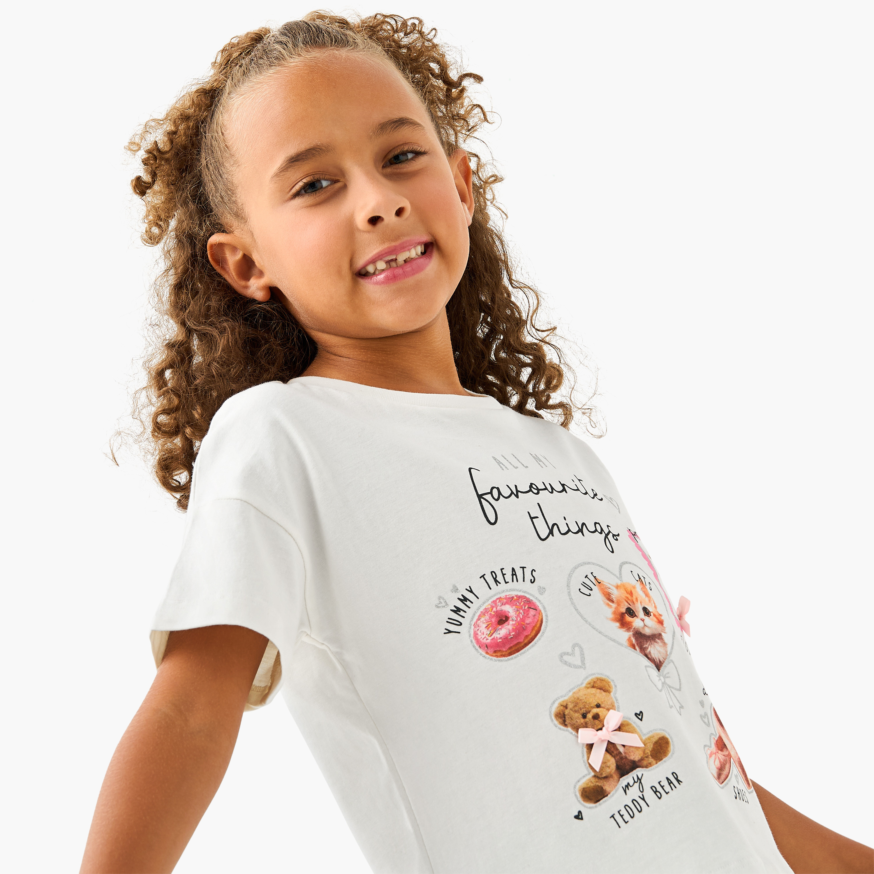 Juniors Crew Neck Short Sleeves T-shirt with Cat Print-girls-clothing-tshirts-image-4