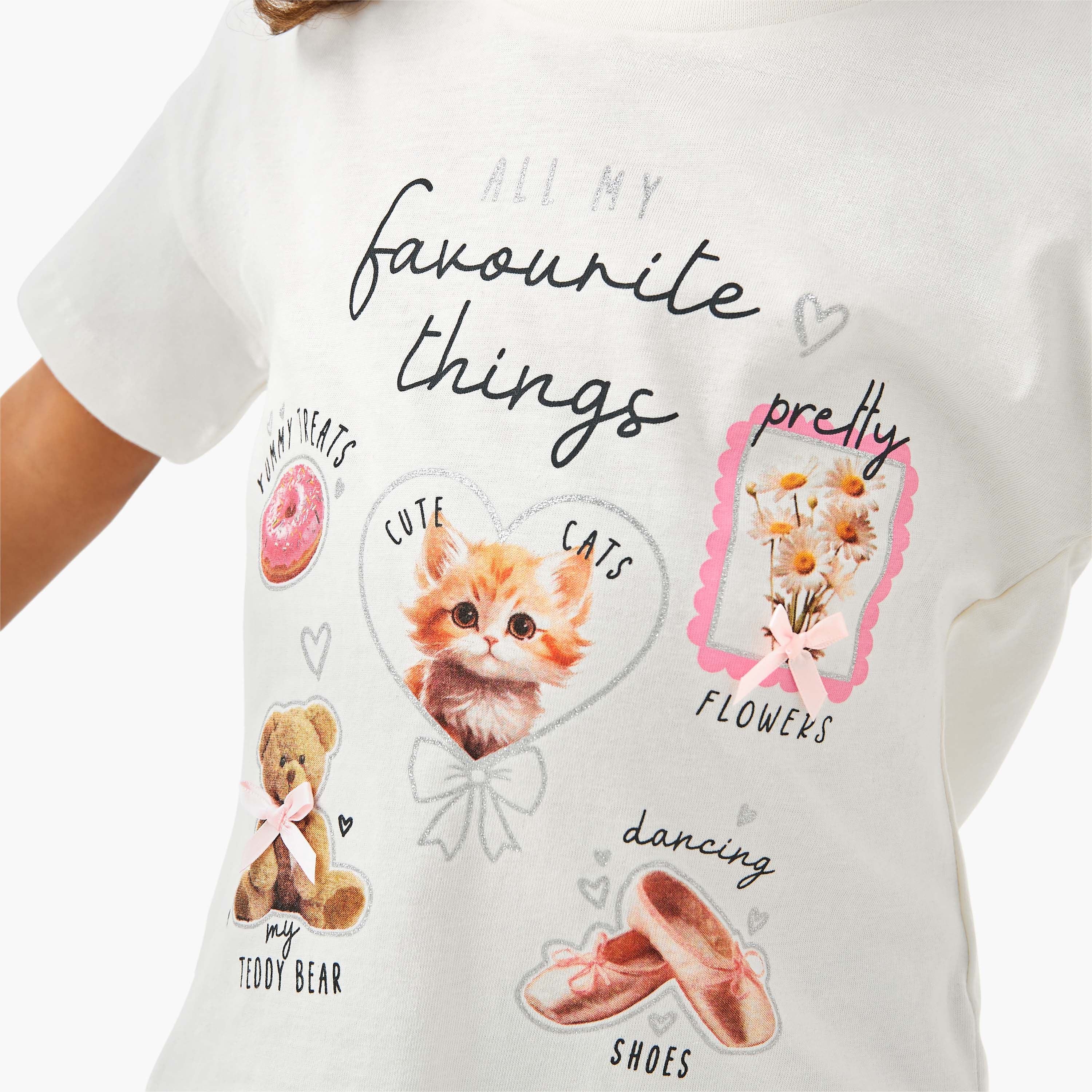 Juniors Crew Neck Short Sleeves T-shirt with Cat Print-girls-clothing-tshirts-image-5