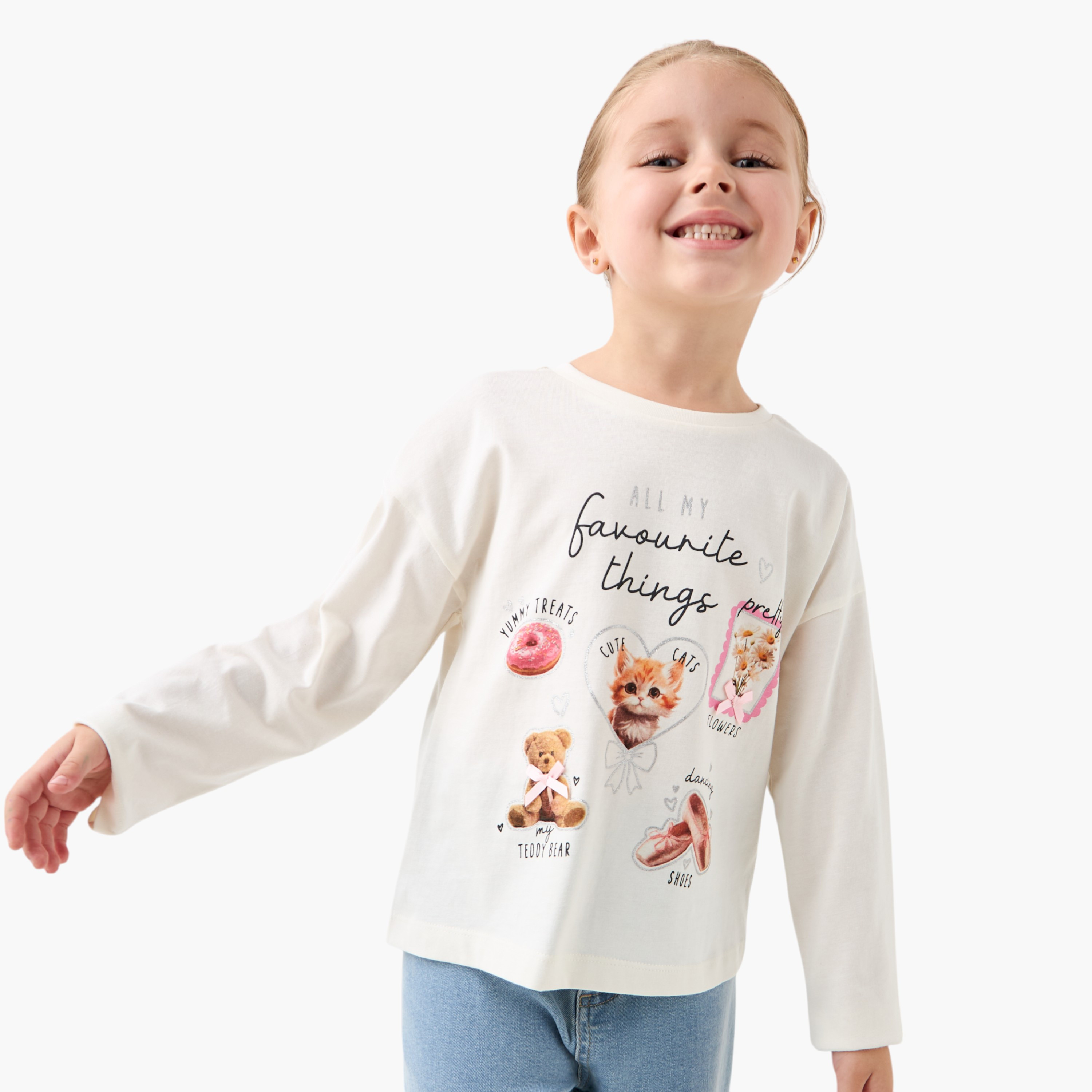 Juniors Graphic Print Crew Neck T-shirt with Long Sleeves-girls-clothing-tshirts-image-1