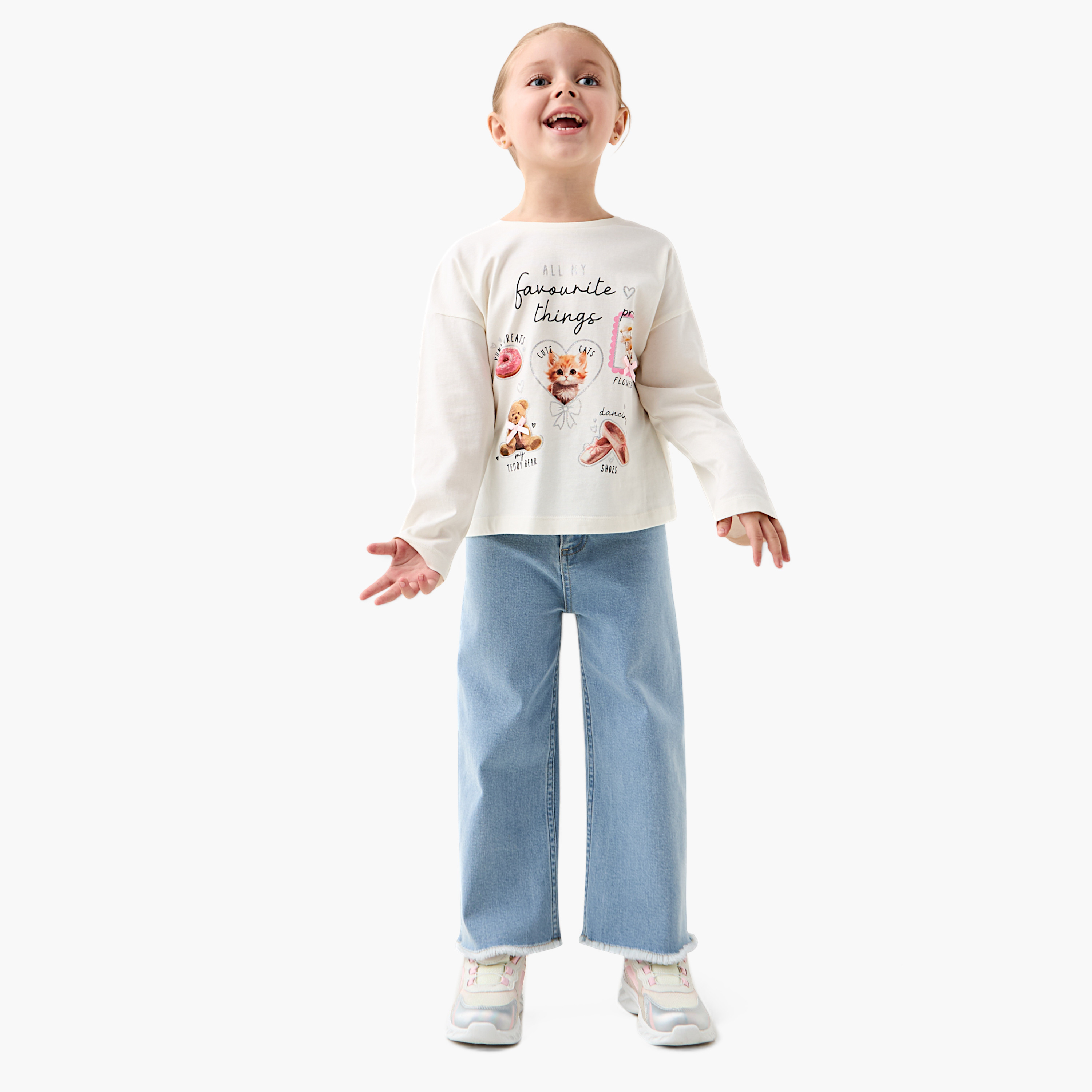 Juniors Graphic Print Crew Neck T-shirt with Long Sleeves-girls-clothing-tshirts-image-2