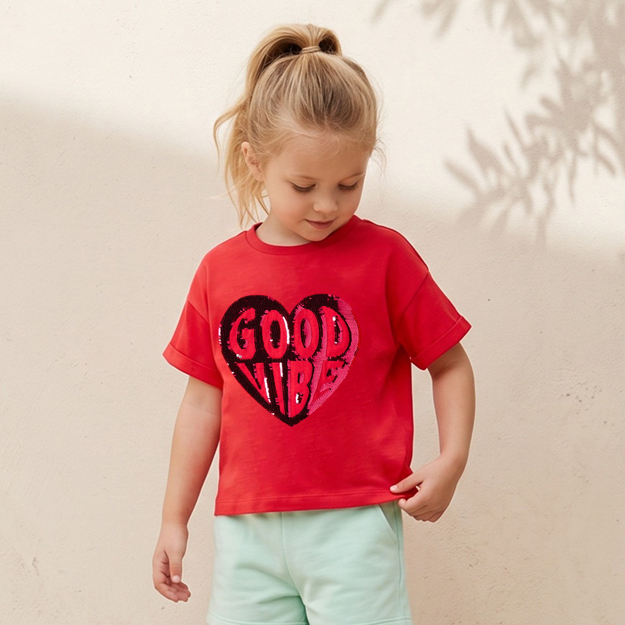 Juniors Crew Neck Short Sleeves T-shirt with Sequin Detail-girls-clothing-tshirts-image-1