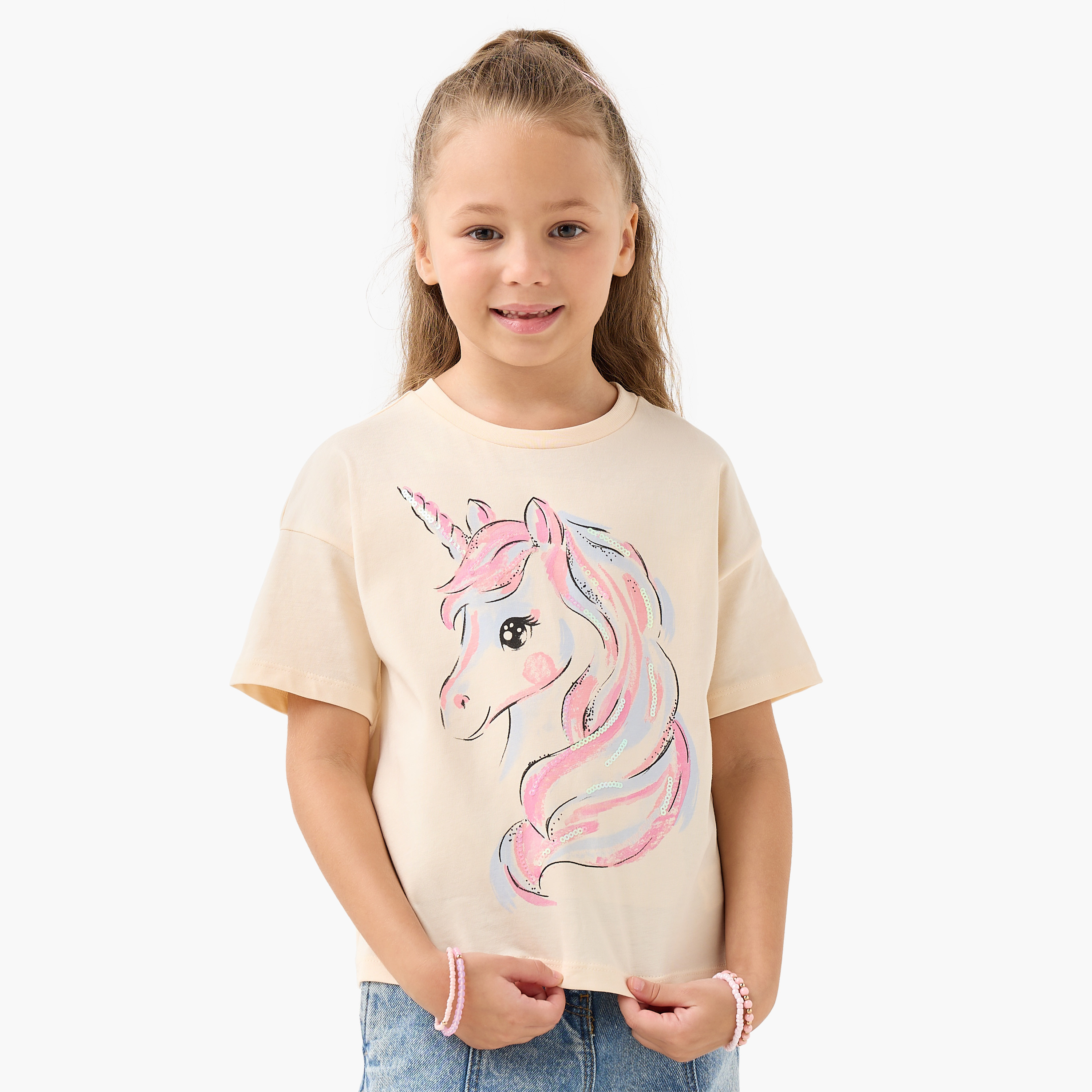 Juniors Crew Neck Short Sleeves T-shirt with Unicorn Print-girls-clothing-tshirts-image-1