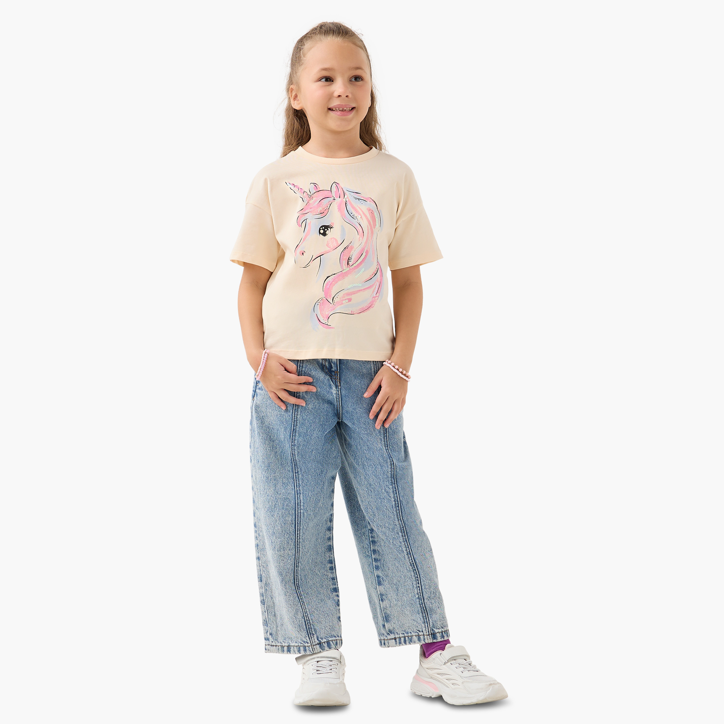Juniors Crew Neck Short Sleeves T-shirt with Unicorn Print-girls-clothing-tshirts-image-2