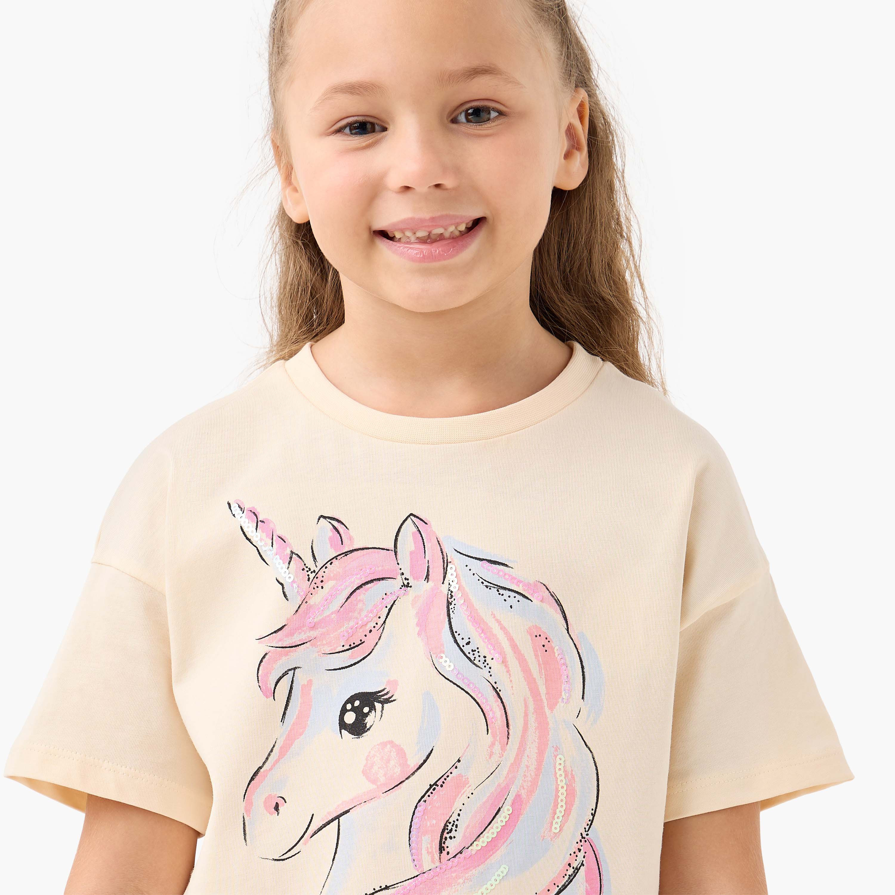 Juniors Crew Neck Short Sleeves T-shirt with Unicorn Print-girls-clothing-tshirts-image-4