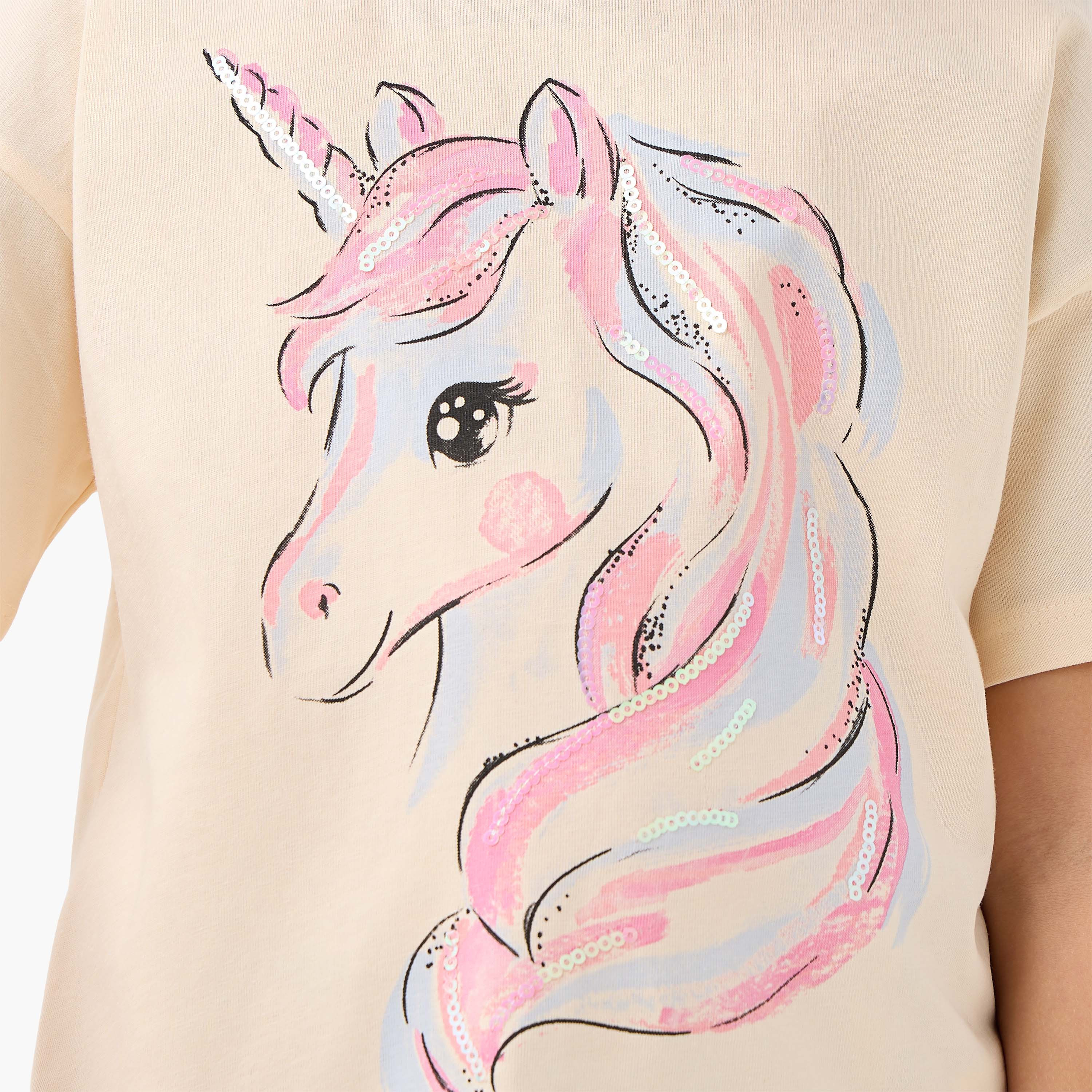 Juniors Crew Neck Short Sleeves T-shirt with Unicorn Print-girls-clothing-tshirts-image-5