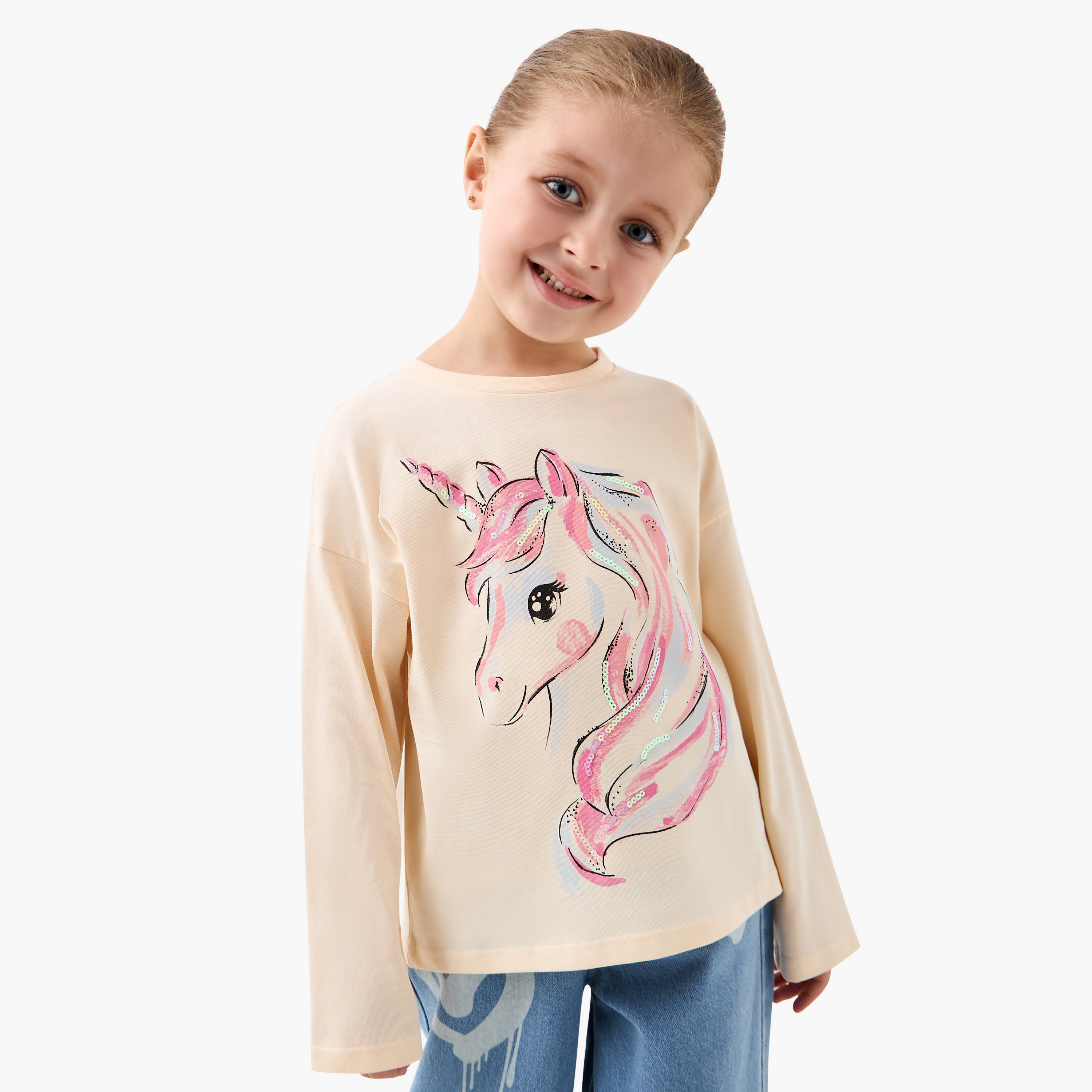 Juniors Unicorn Print Crew Neck T-shirt with Long Sleeves-girls-clothing-tshirts-image-1