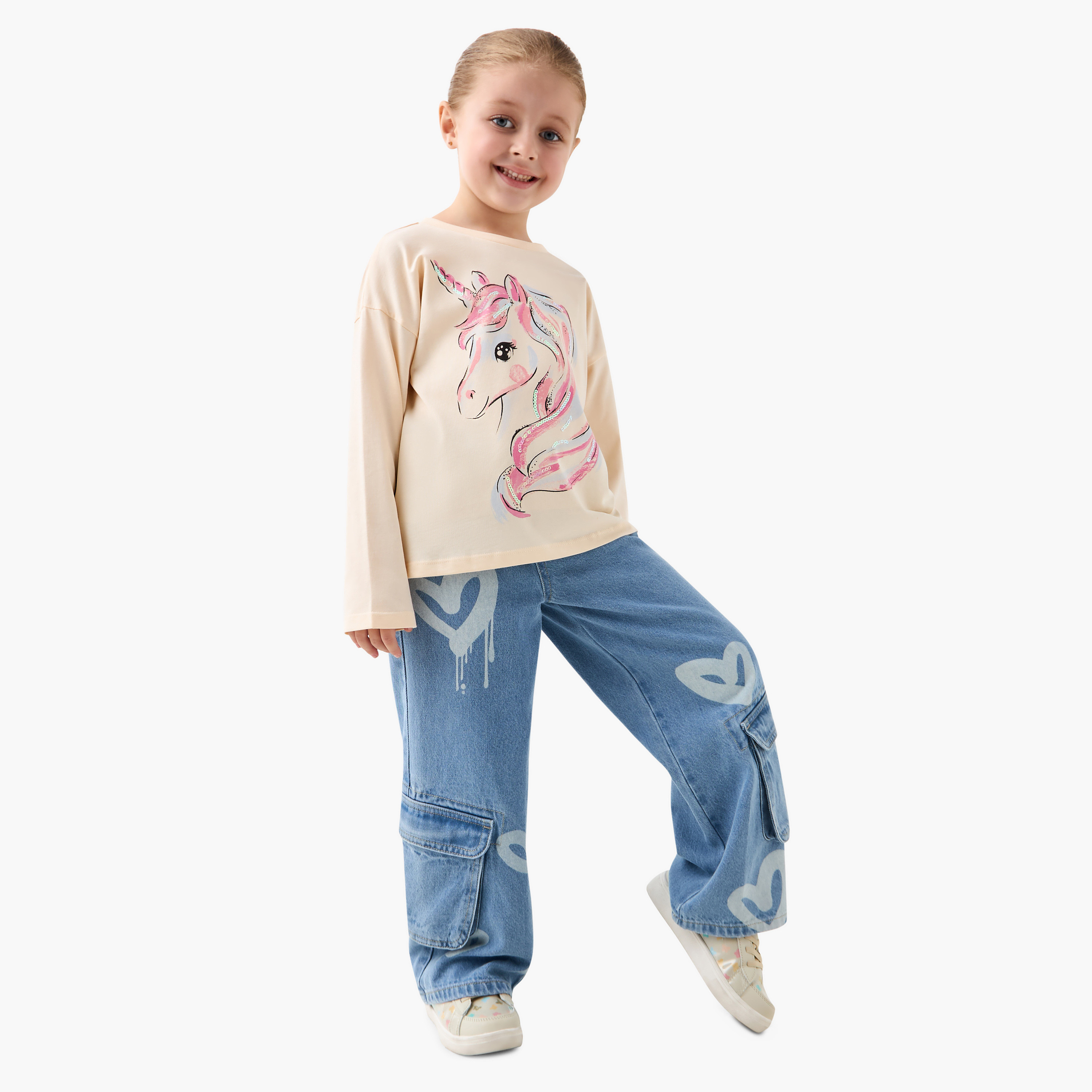 Juniors Unicorn Print Crew Neck T-shirt with Long Sleeves-girls-clothing-tshirts-image-2